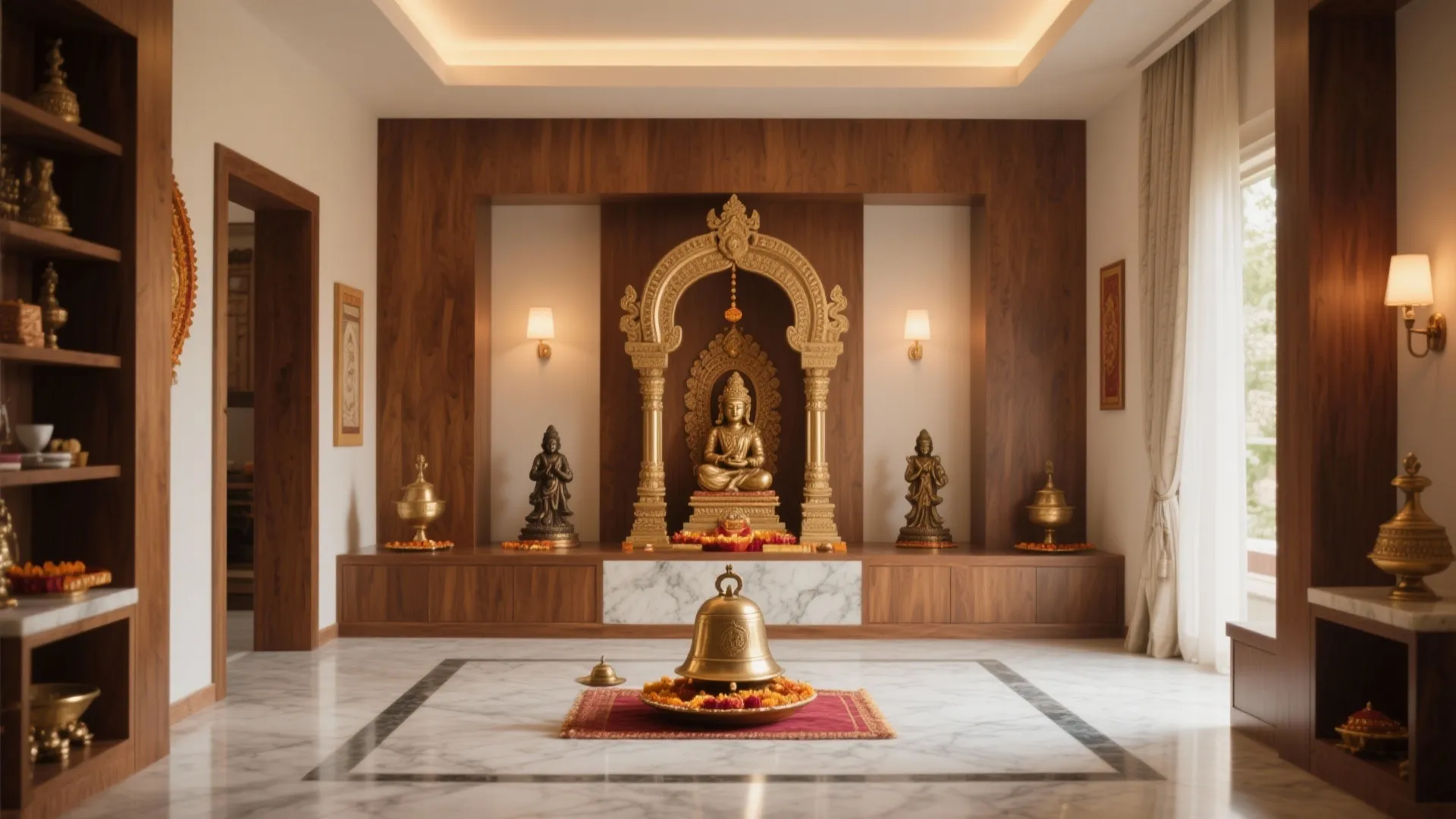 Spacious prayer room with wooden wall panels golden statues marble floor and two wall lights