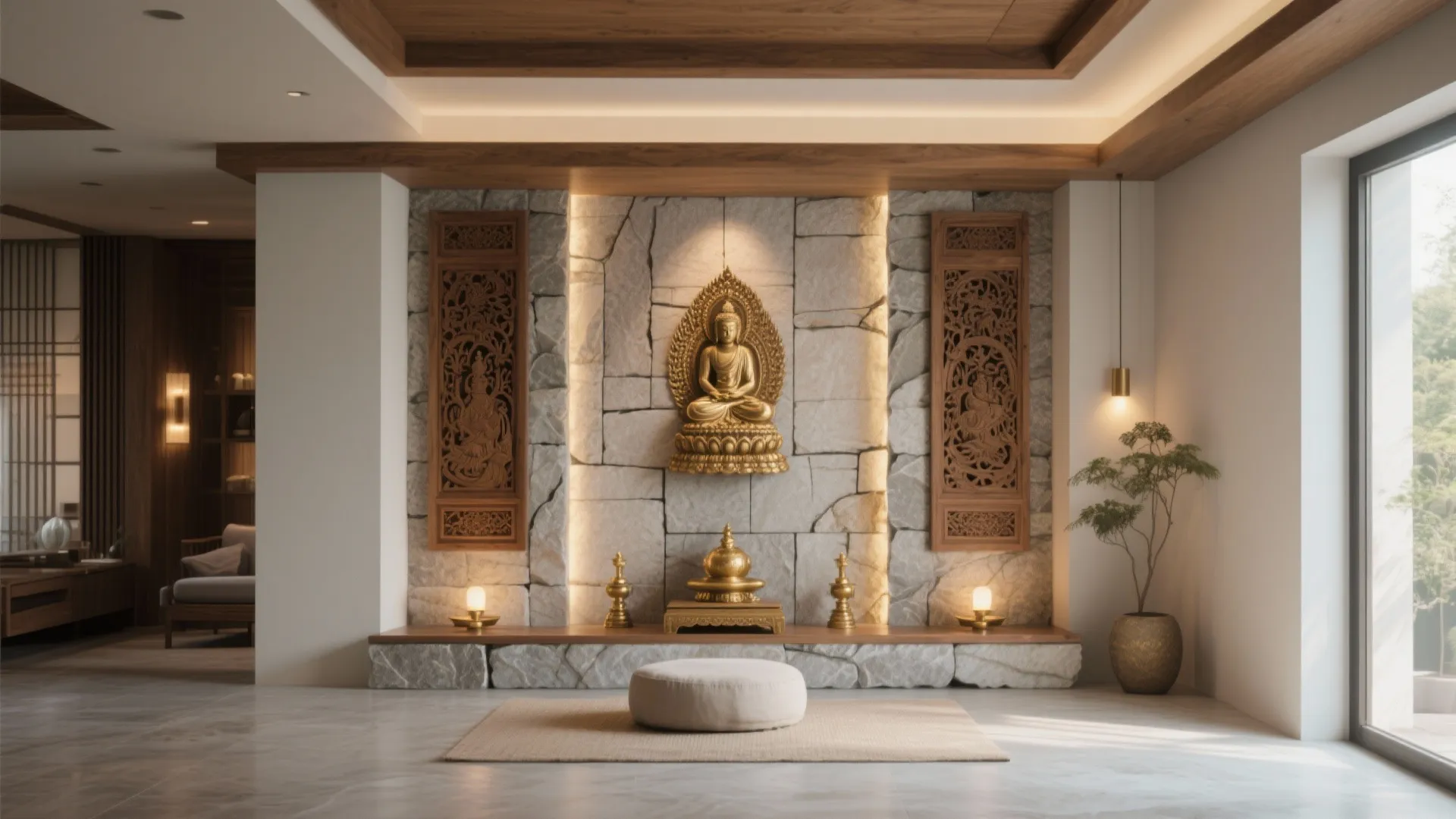 Modern room with a stone wall gold statue wooden ceiling light fixture and a white footrest