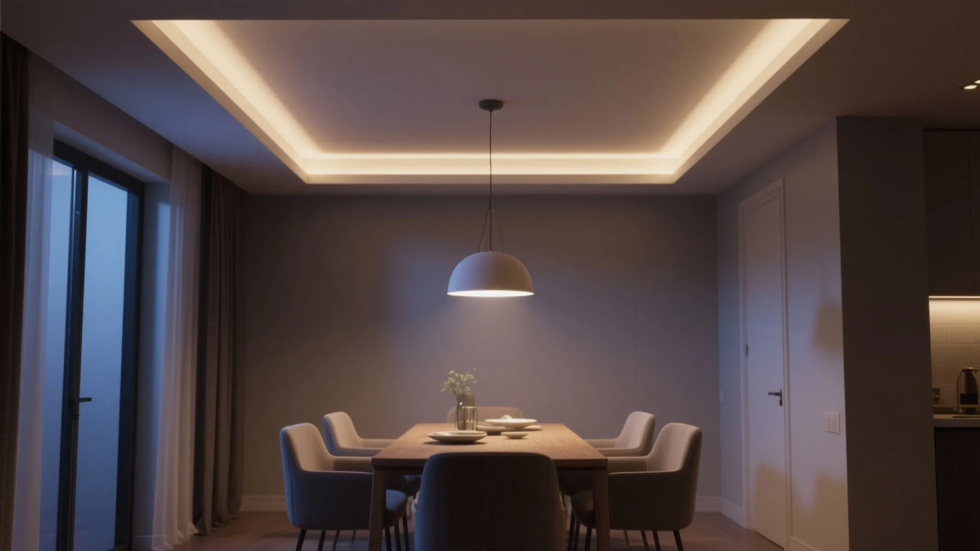 Minimalist dining room with wooden table and grey chairs under a stylish white ceiling light