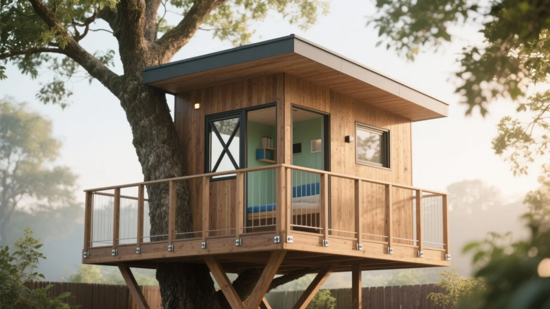 Modern wooden treehouse with a balcony glass door large windows and small deck in nature