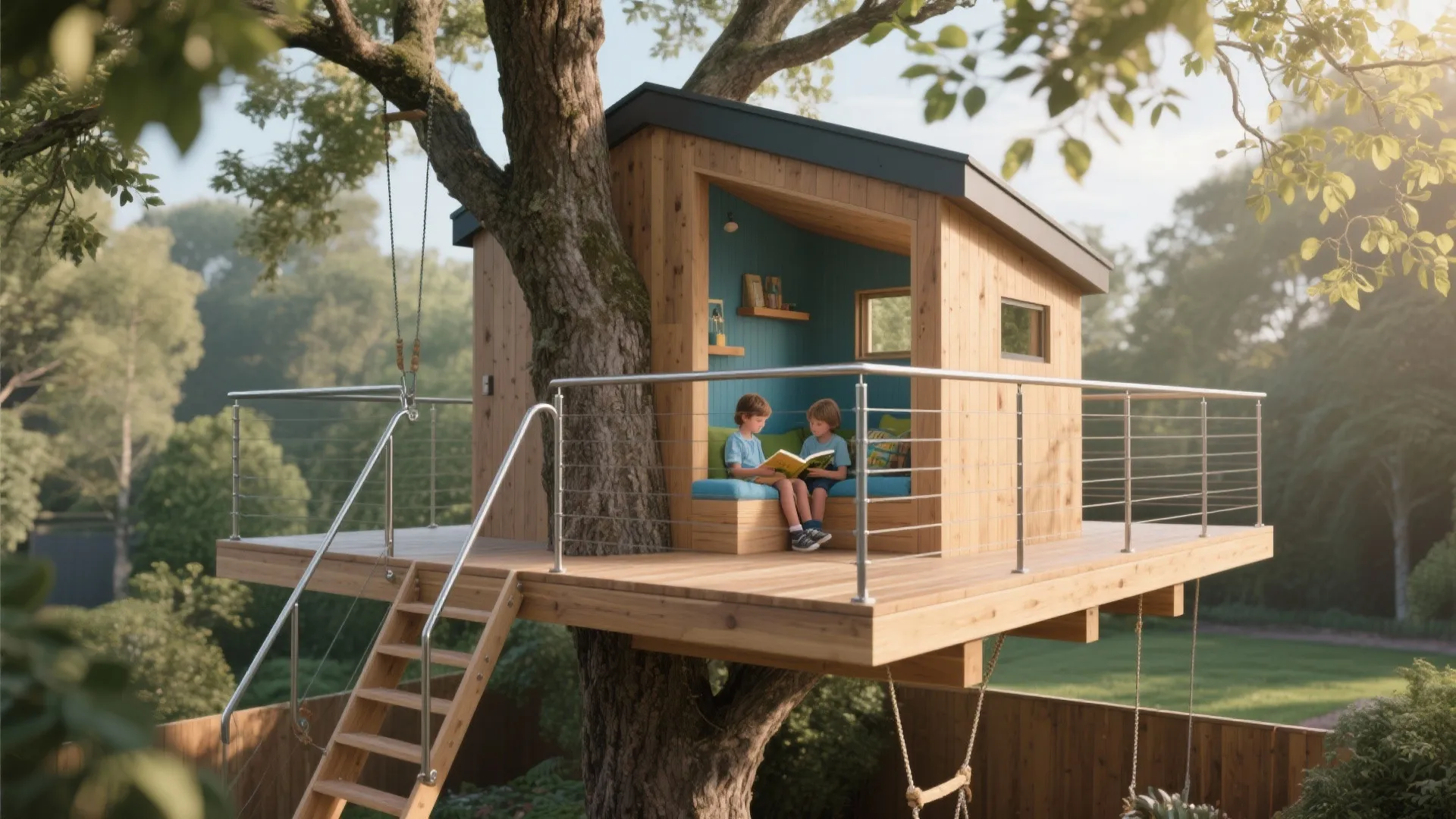 Modern wooden treehouse with metal railings two children reading books on blue sofa inside outdoors