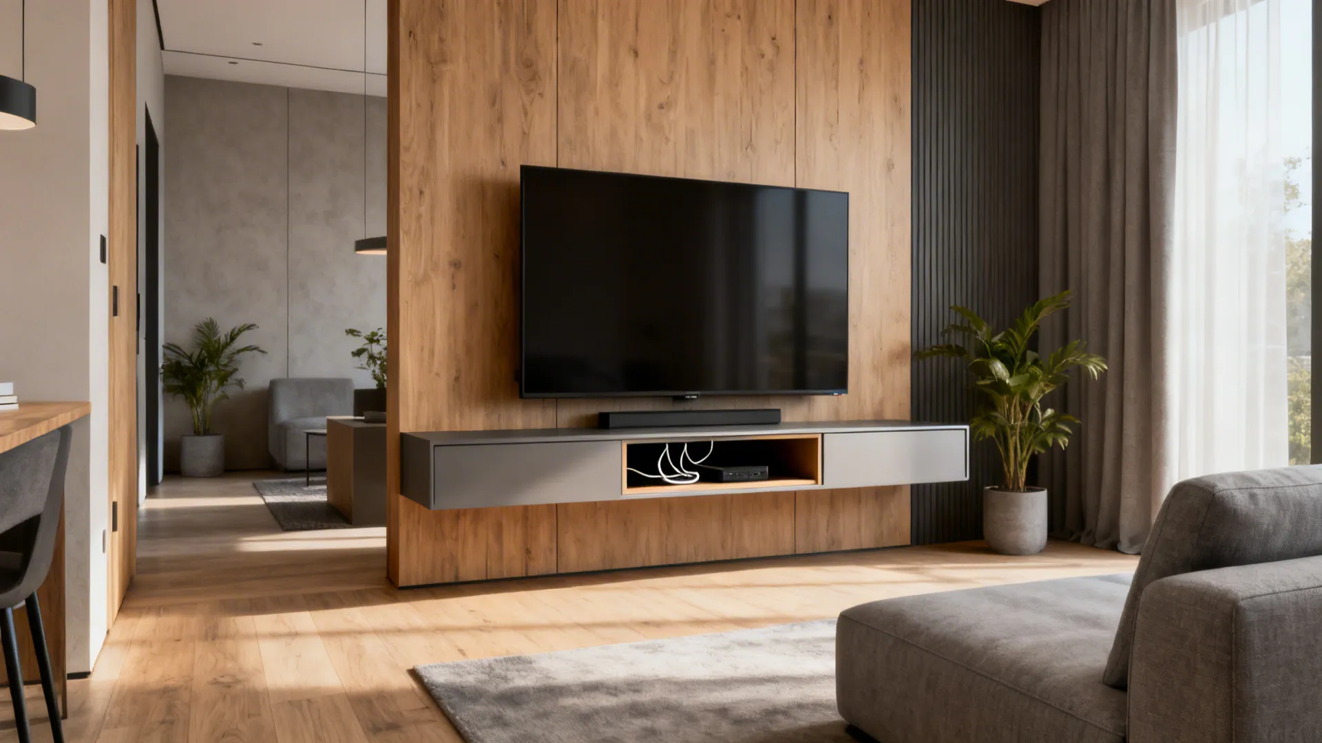 Modern living room featuring a large wall mounted television above a floating grey storage cabinet