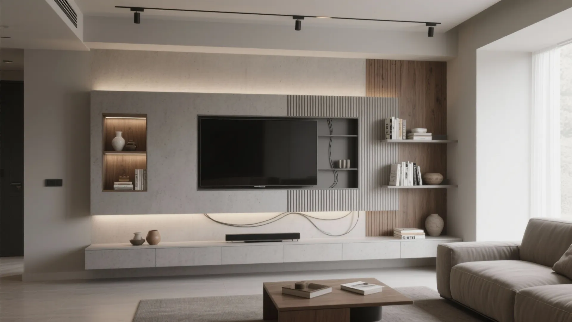 Modern living room with wall mounted television wooden panels built in shelves and grey sofa