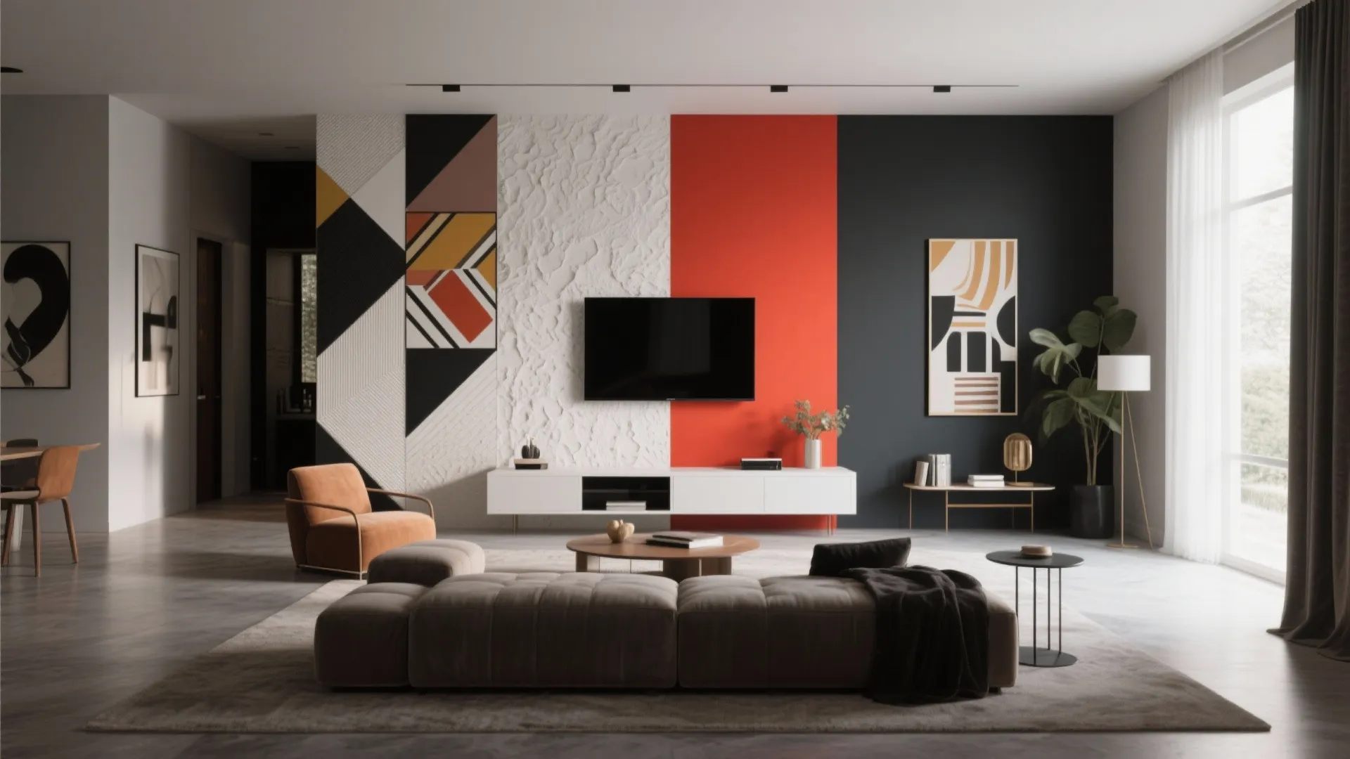 Modern living room featuring a colorful geometric wall design with television white cabinet and grey sofa