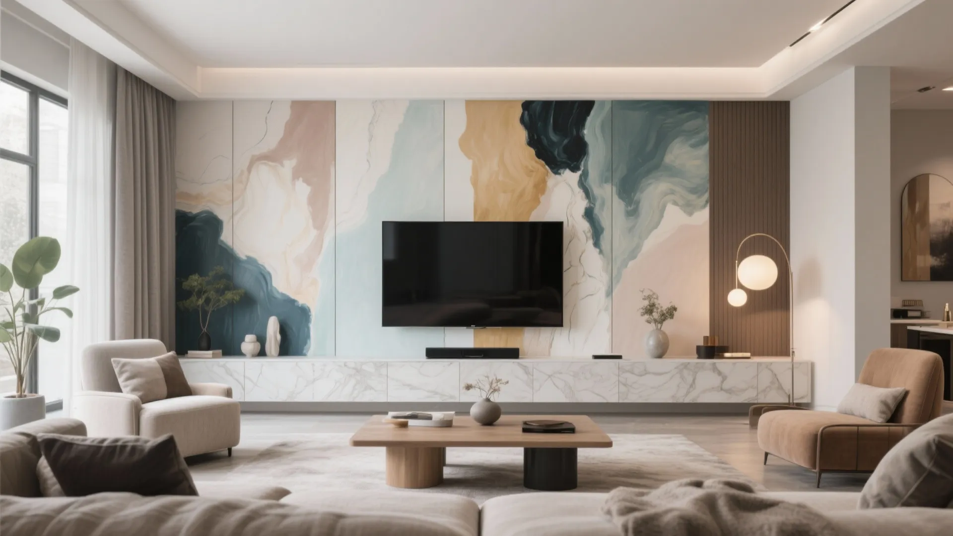 Modern living room featuring artistic abstract wall mural behind black television with white marble cabinet