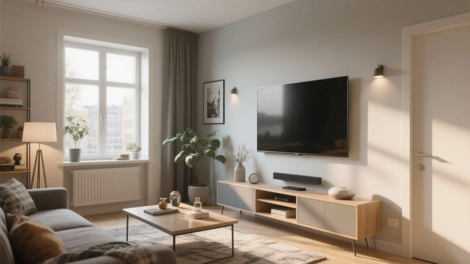 Bright living room with wooden cabinet television stand green plants coffee table and large white window