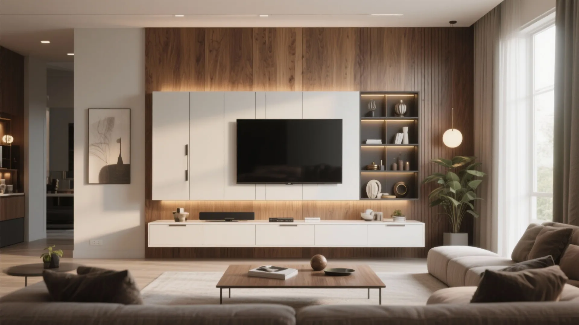 Modern living room with white cabinet on wood wall panel shelving unit with warm light