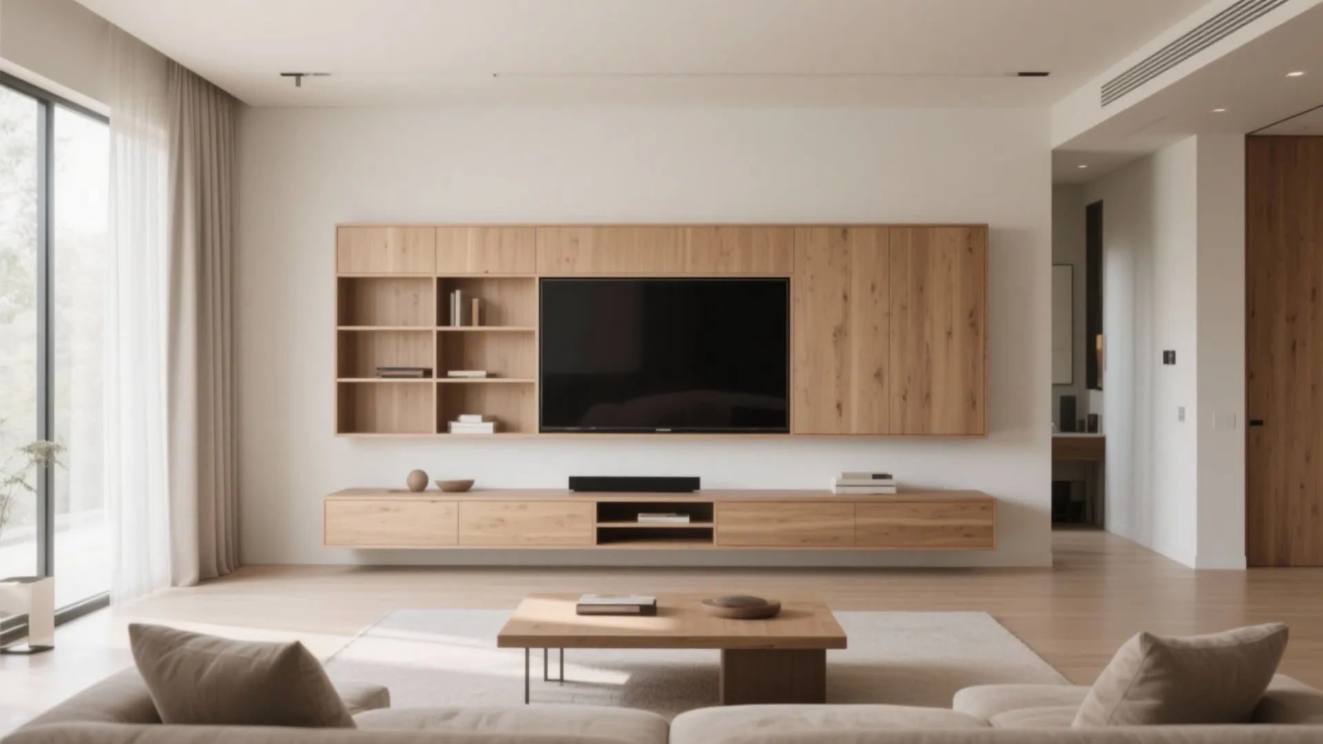 Modern living room with wooden wall cabinets television floating shelf light wood floor and beige sofa
