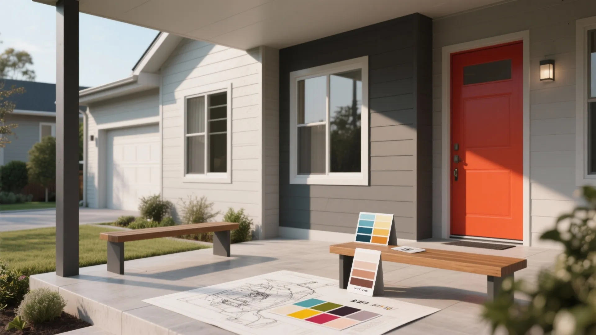 Modern two-tone house with a bright accent door and a porch showing a floor sketch and color samples.