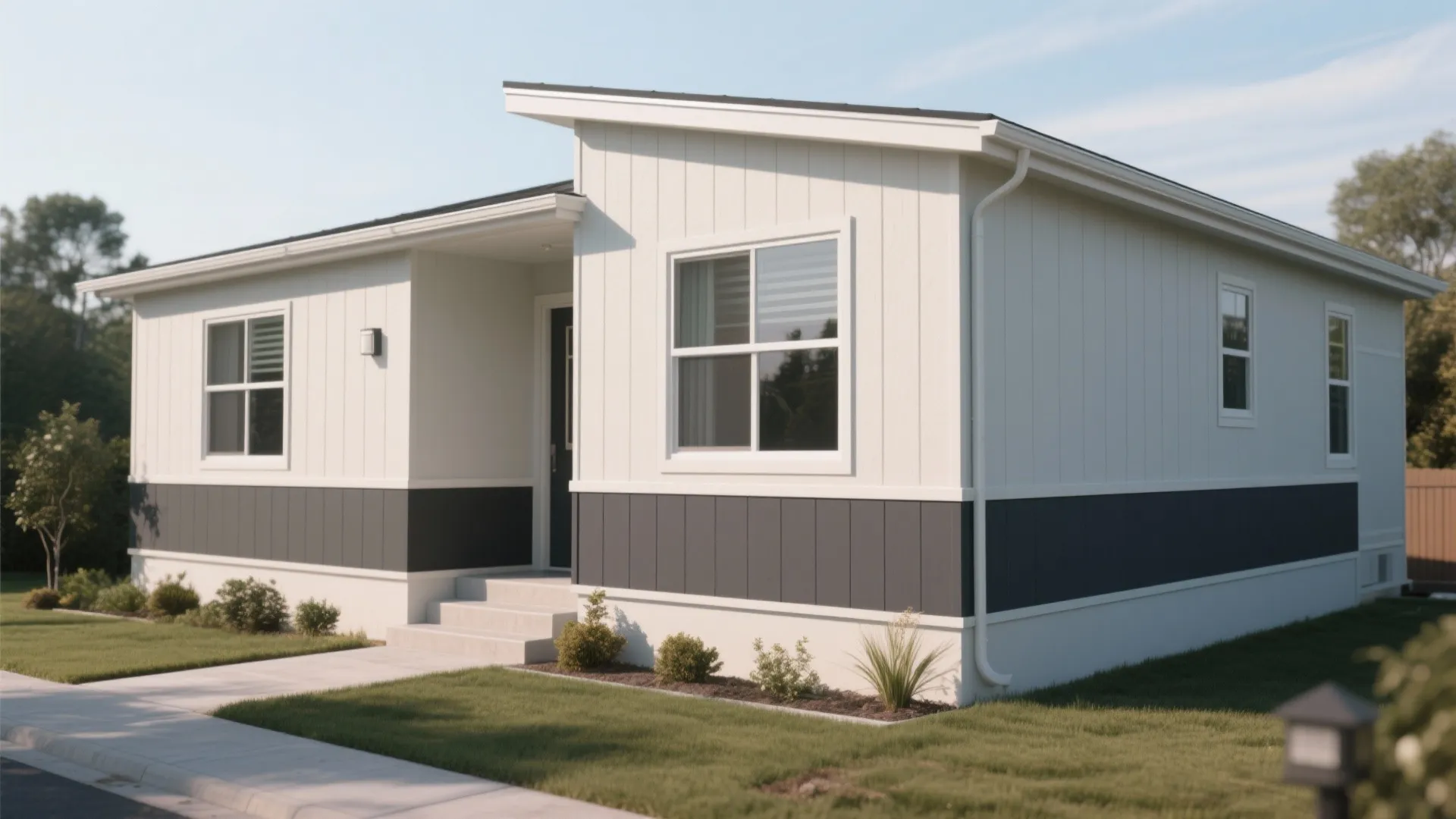 Modern white and grey small house with flat roof large windows and small front lawn