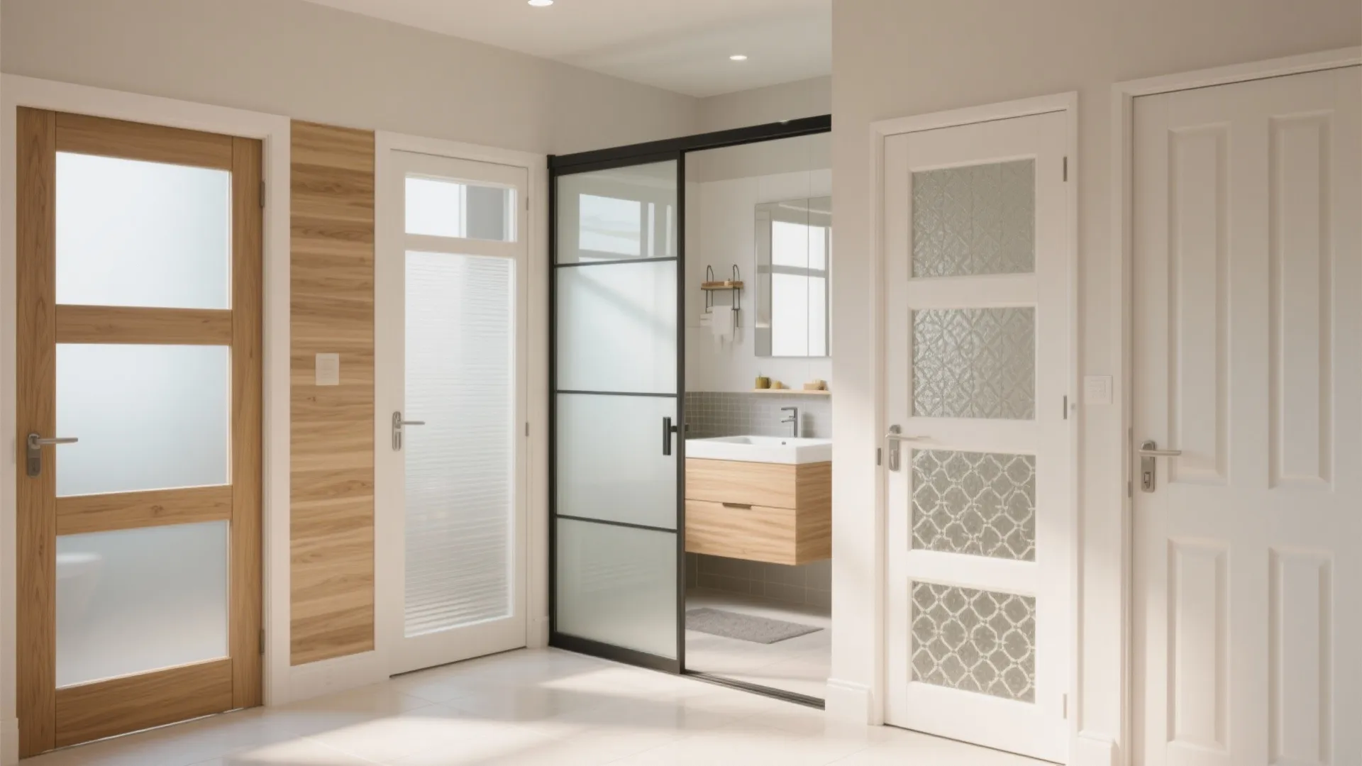 Hallway showing multiple interior door styles including wood frame white panel and black glass sliding