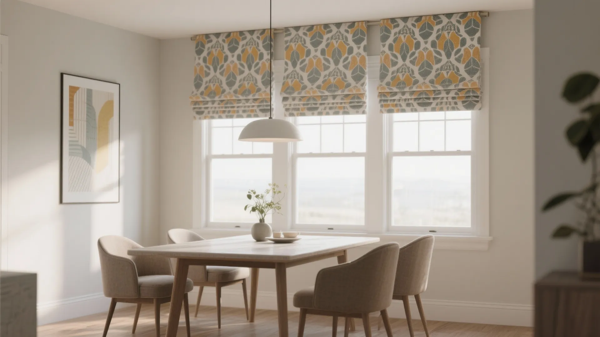Dining room with patterned valances above windows
