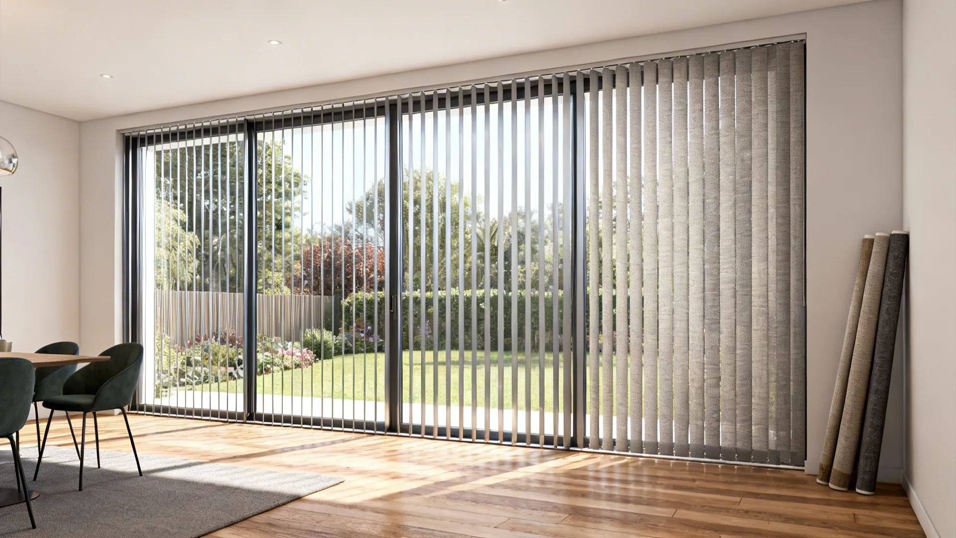 Sliding doors with sleek vertical blinds in slim profiles stacking neatly to the side