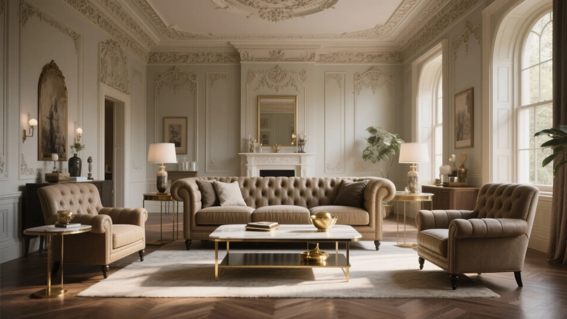Elegant living room with leather sofas marble coffee table white wall panels and a fireplace