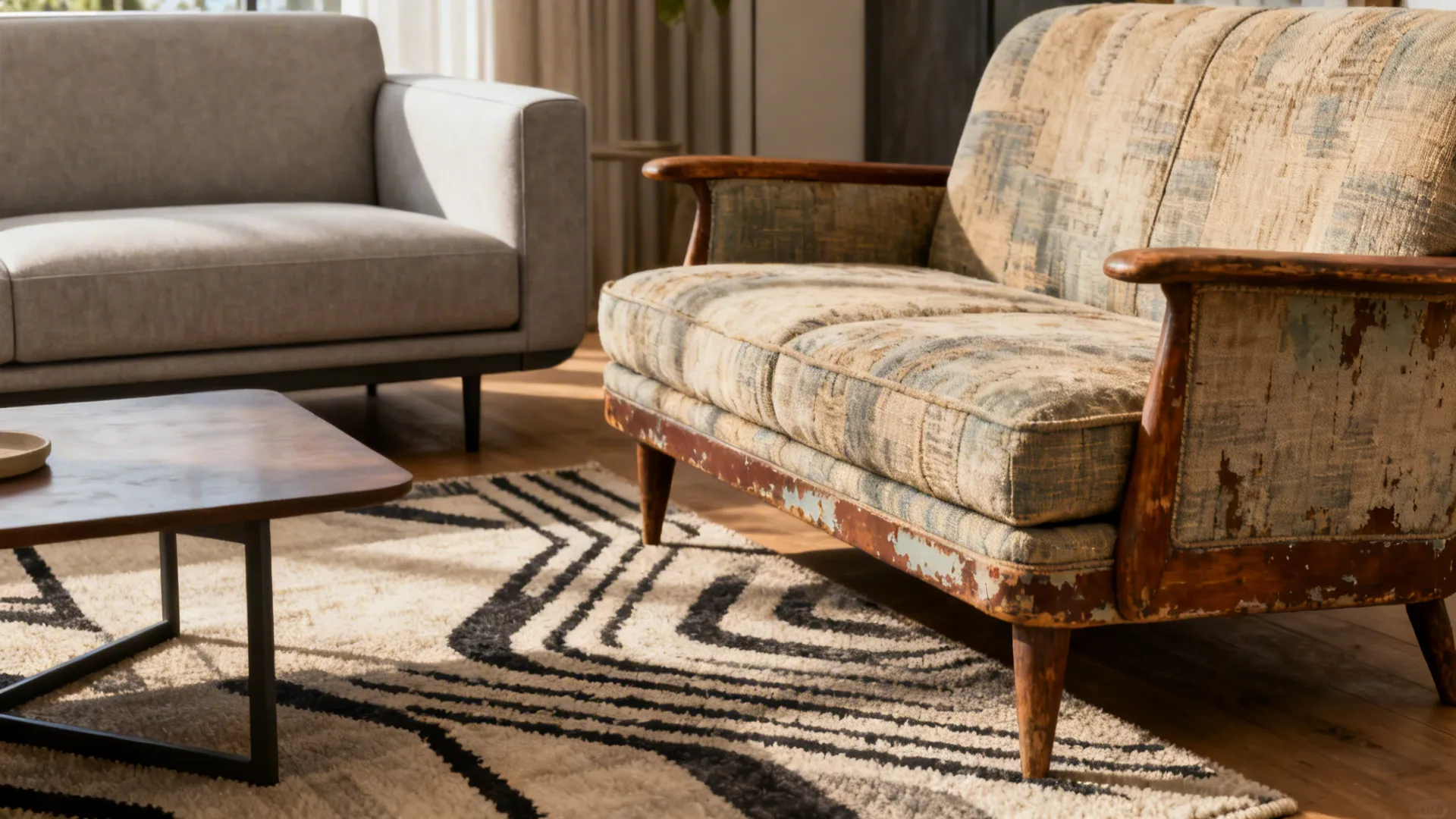 Sleek modern sofa opposite a mid-century vintage loveseat with a recovered fabric and warm wood frame.