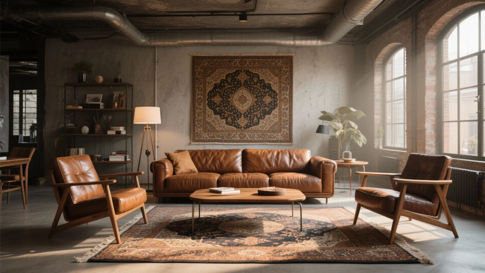 Brown living room mixing modern leather sofa with vintage Persian rug