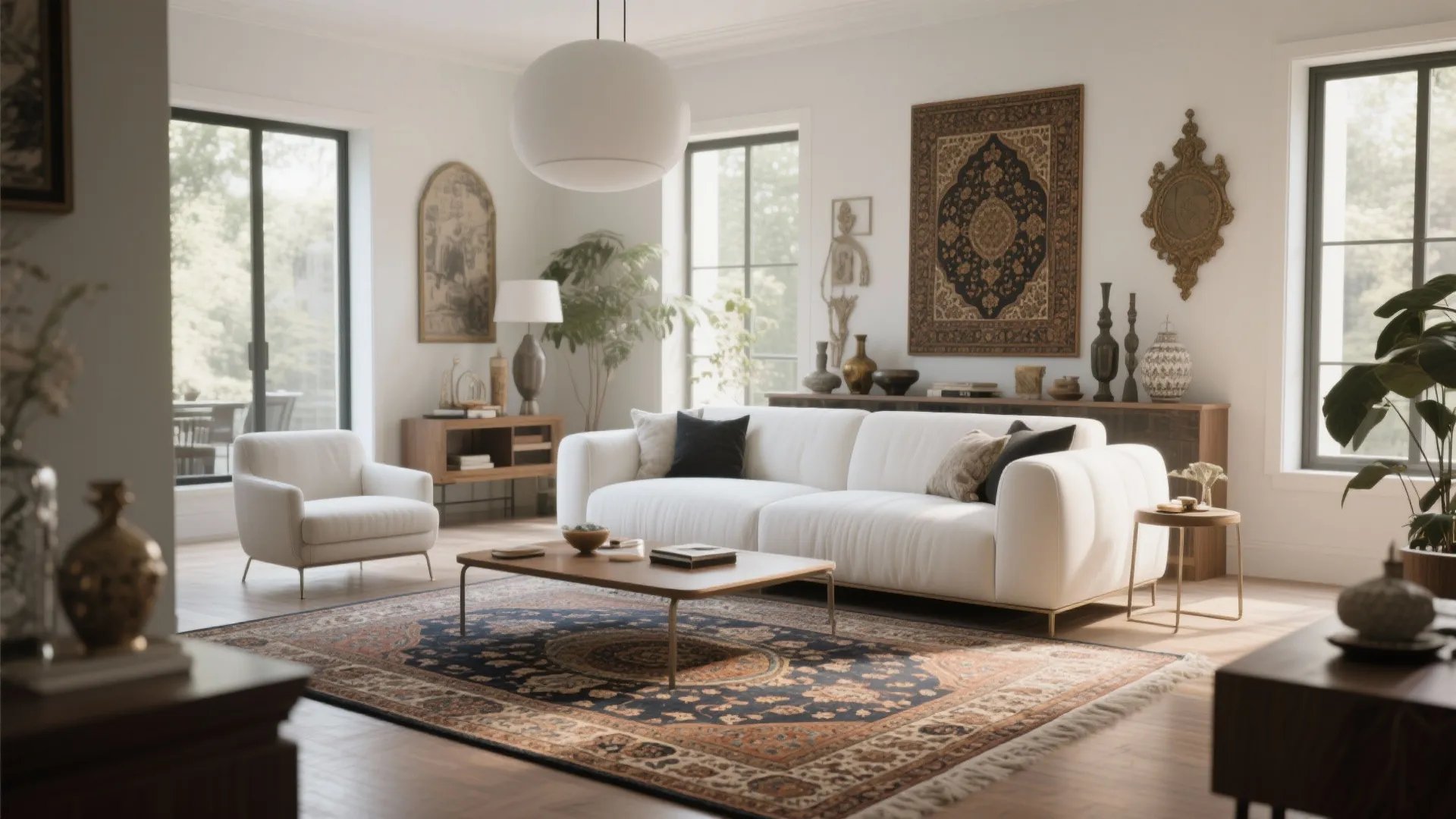 Modern living room with white sofa wooden coffee table patterned rug and white round ceiling light