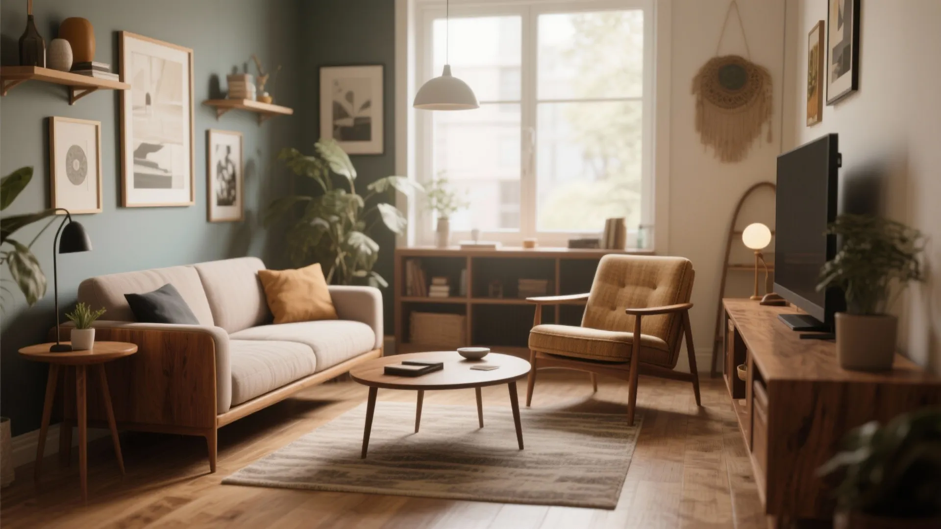Small living room with modern coffee table and vintage armchair