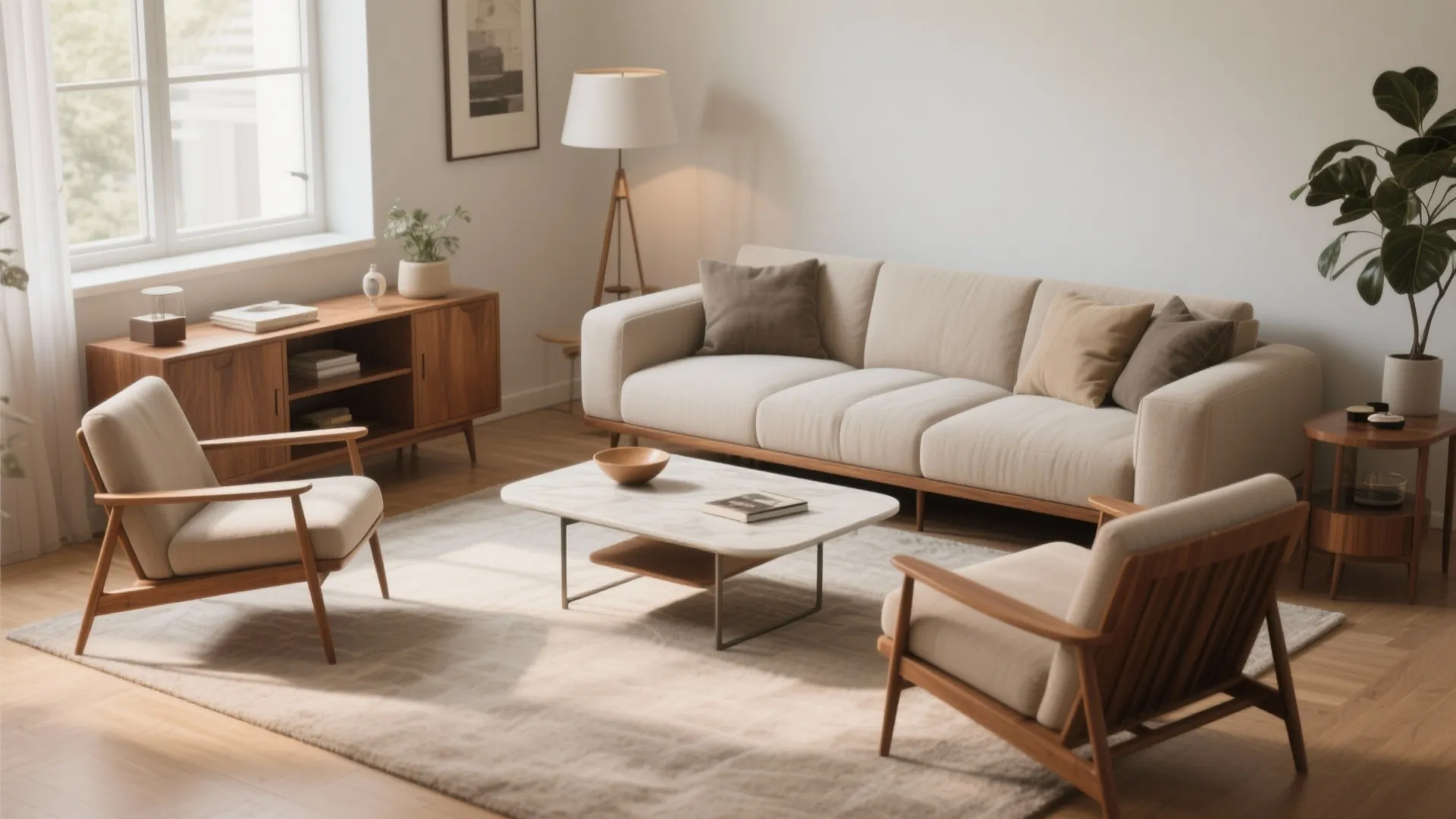 Modern living room with beige sofa marble coffee table wooden cabinet floor lamp and potted plant