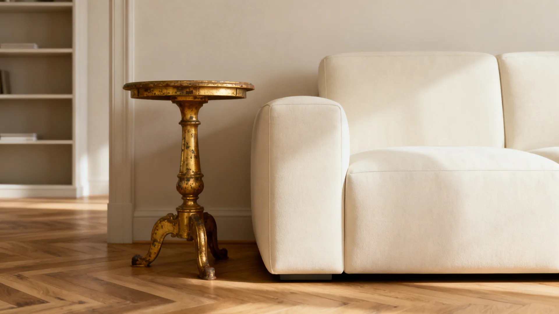Modern cream sofa balanced with a single vintage gilt side table and minimal shelving.