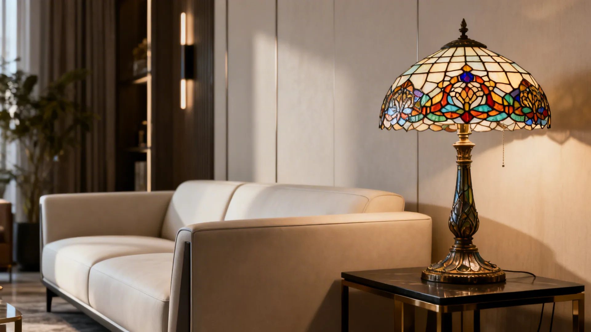 Contemporary sofa paired with a vintage-style Tiffany lamp, mixing modern lines and ornate stained glass.