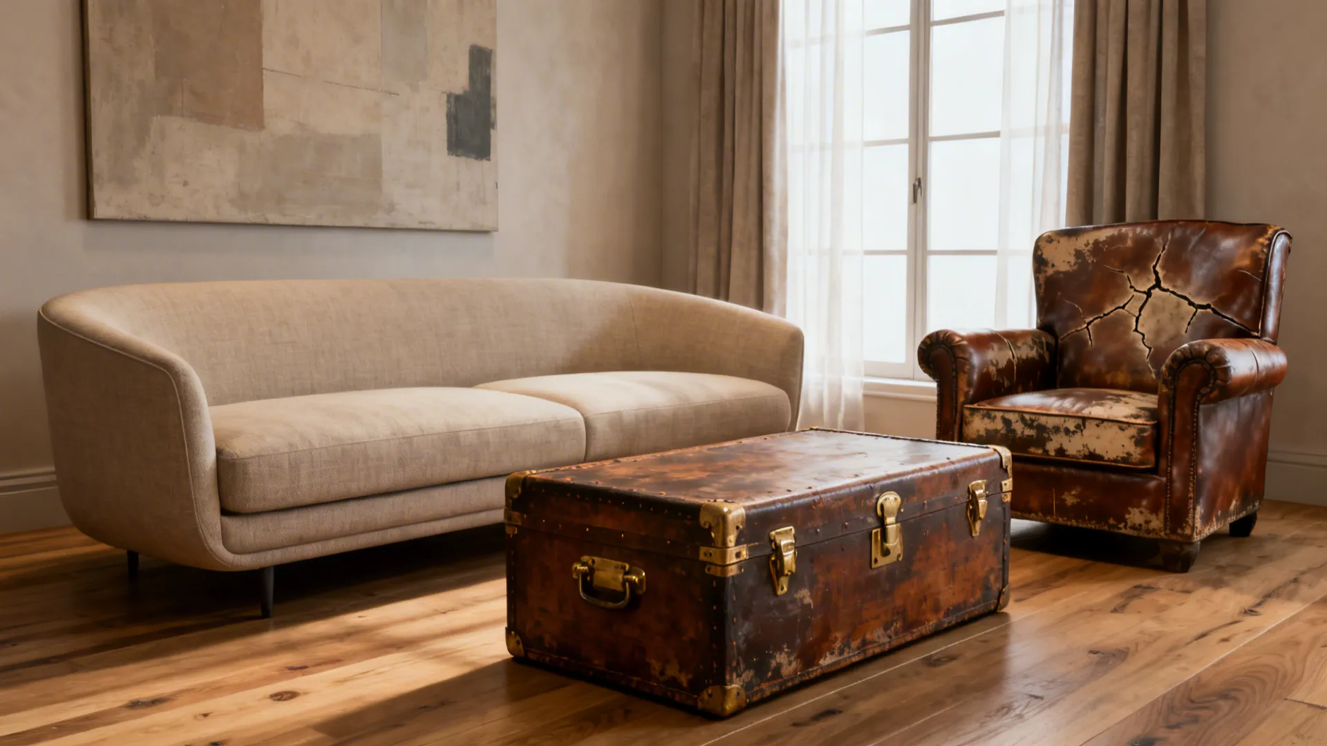 Contemporary sofa paired with a weathered leather chair and antique trunk in a rustic living room