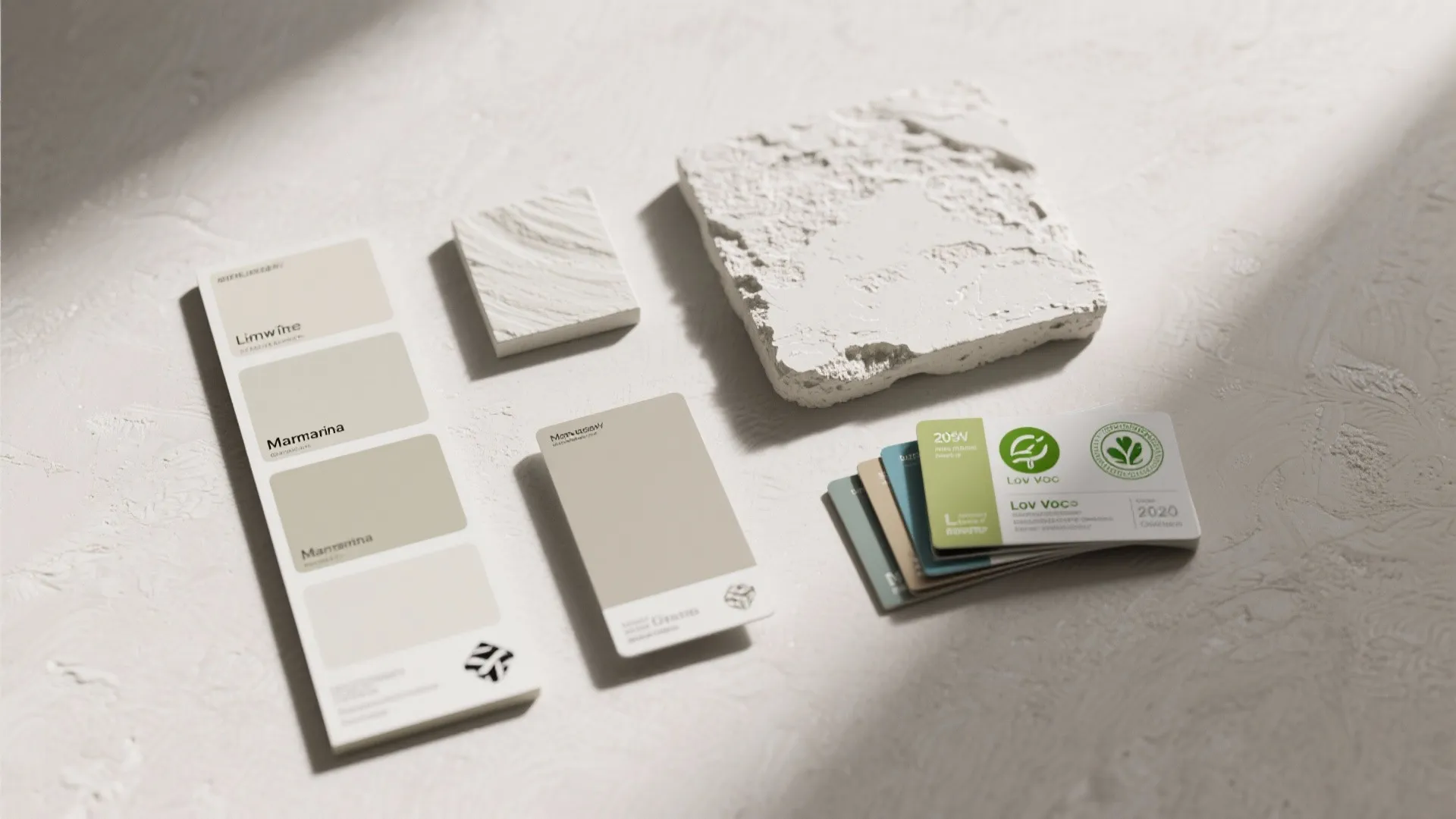 Close up of neutral color cards and textured stone samples on a white plaster surface