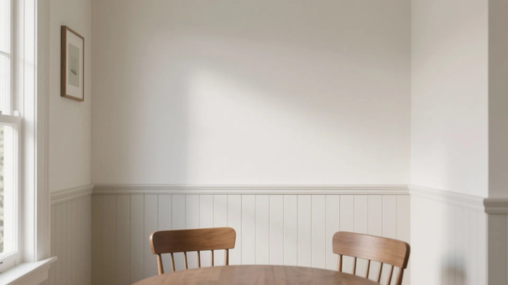 Minimalist dining area with white wall panel decor wooden chairs round table and natural light