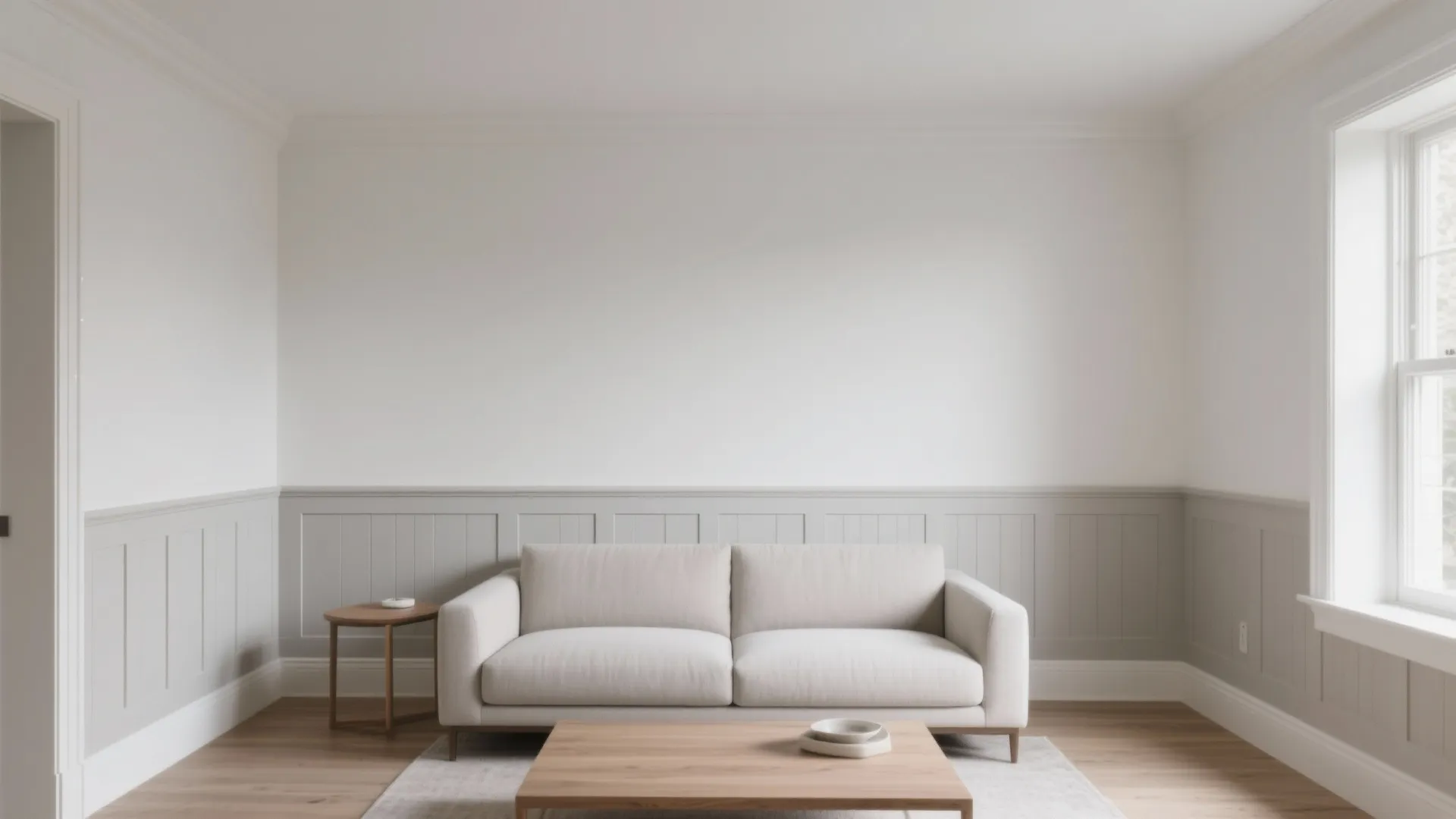 Minimalist living room with grey wall panel white sofa wooden coffee table and natural light
