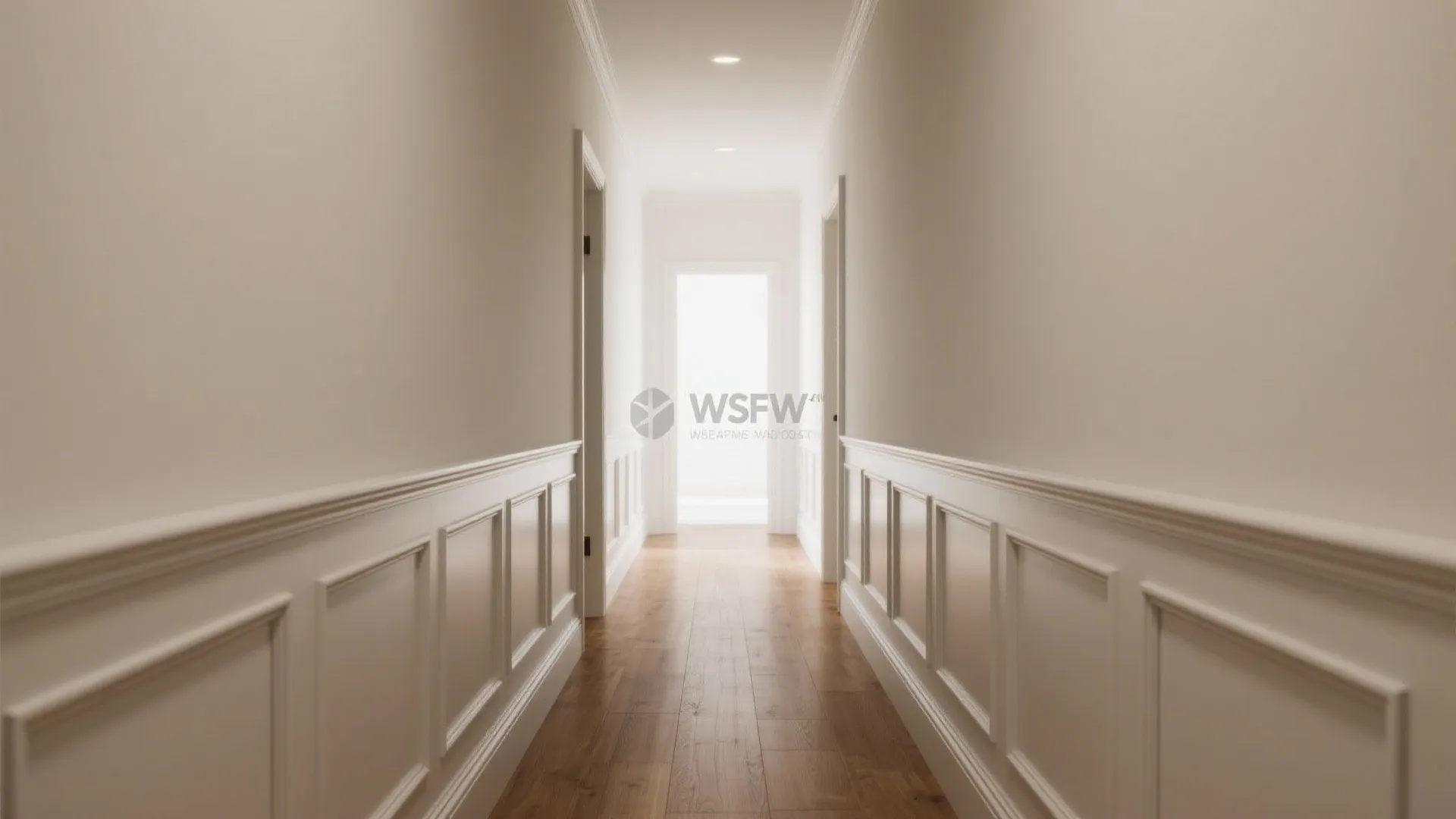 Modern white hallway with wooden floor decorative wall panels bright light at the end of corridor