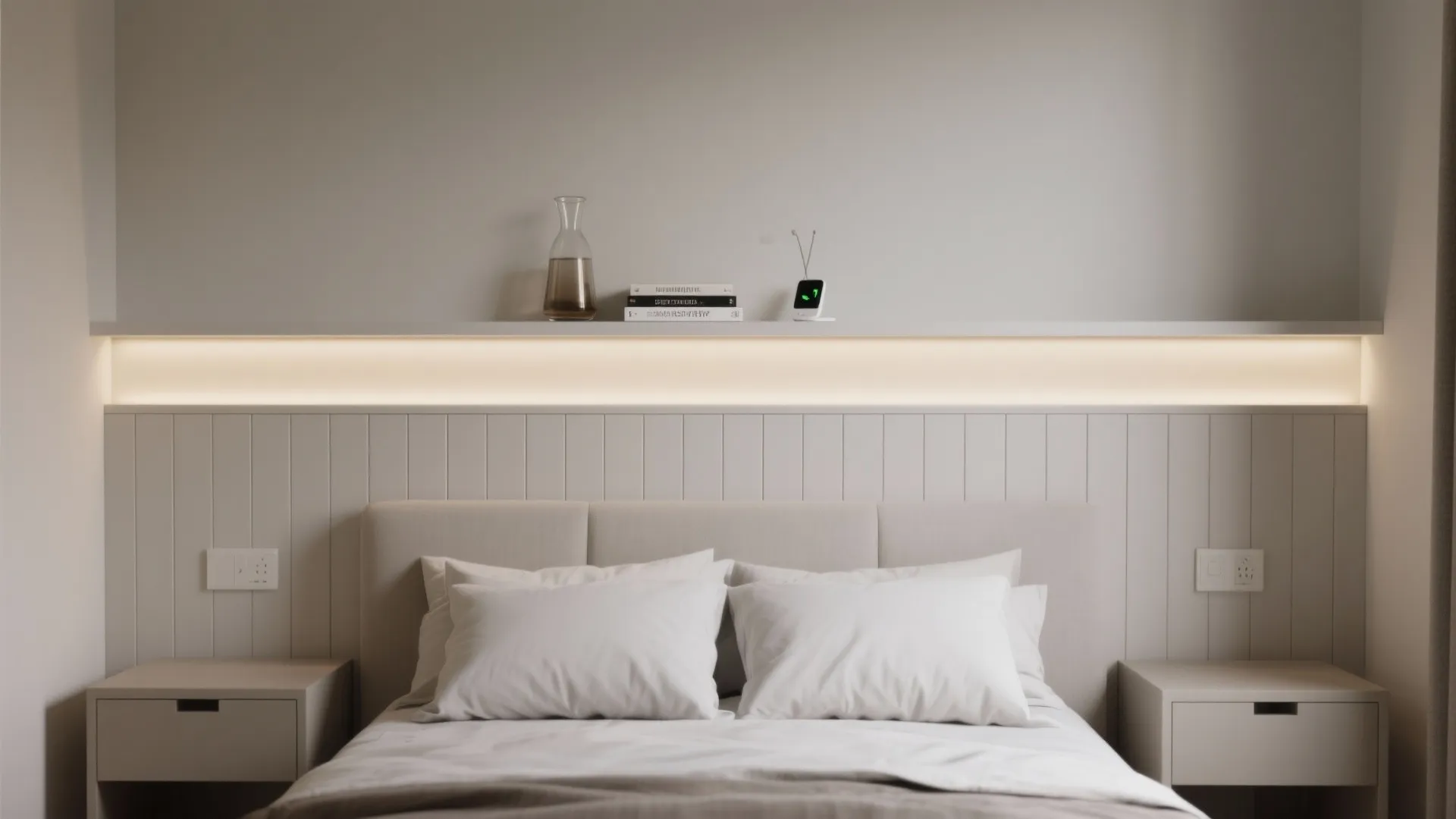 Minimalist bedroom with white wall panel design including a long shelf and soft warm lighting