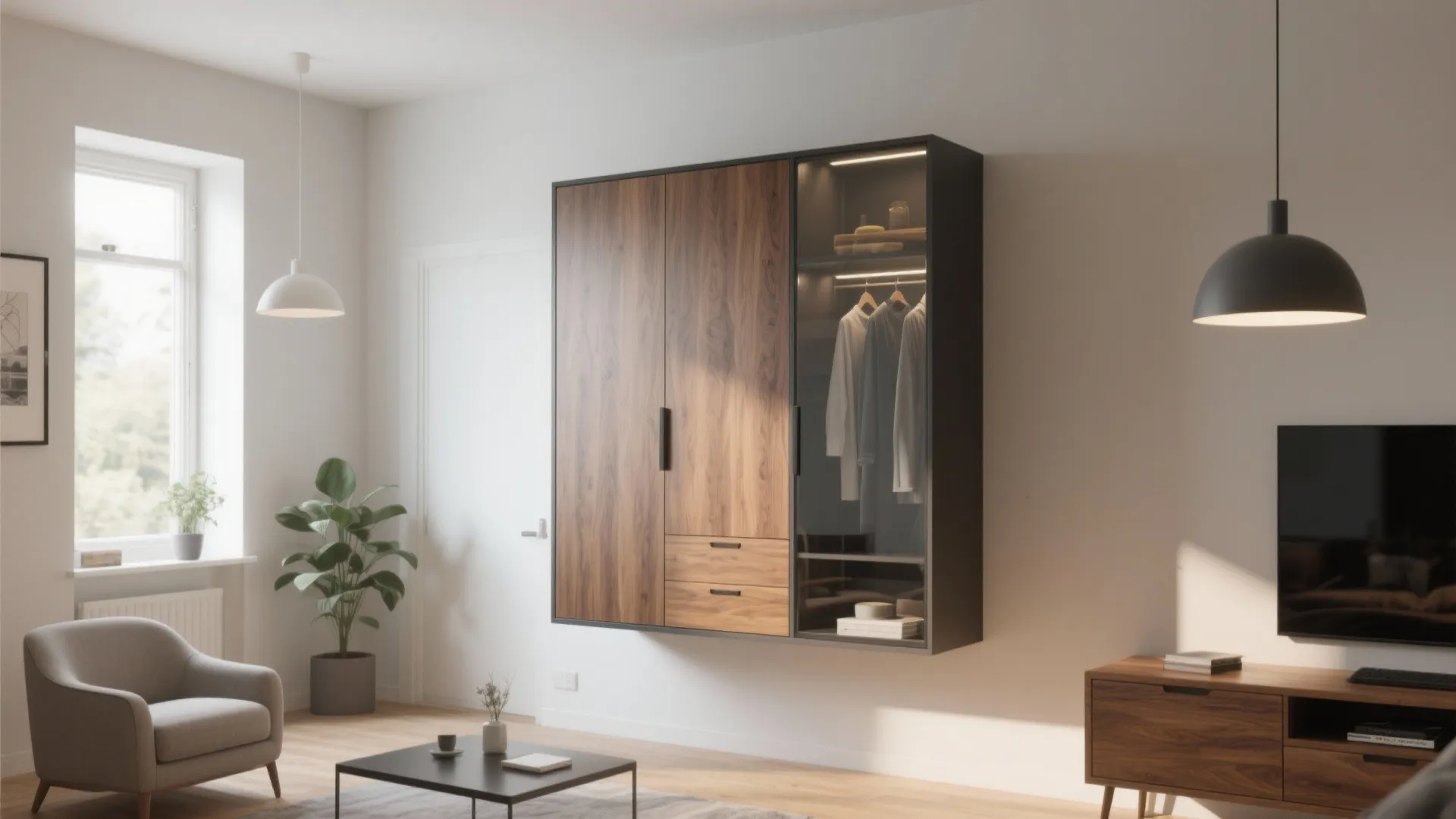 Living room with wood wall cabinet including glass door section hanging above a coffee table