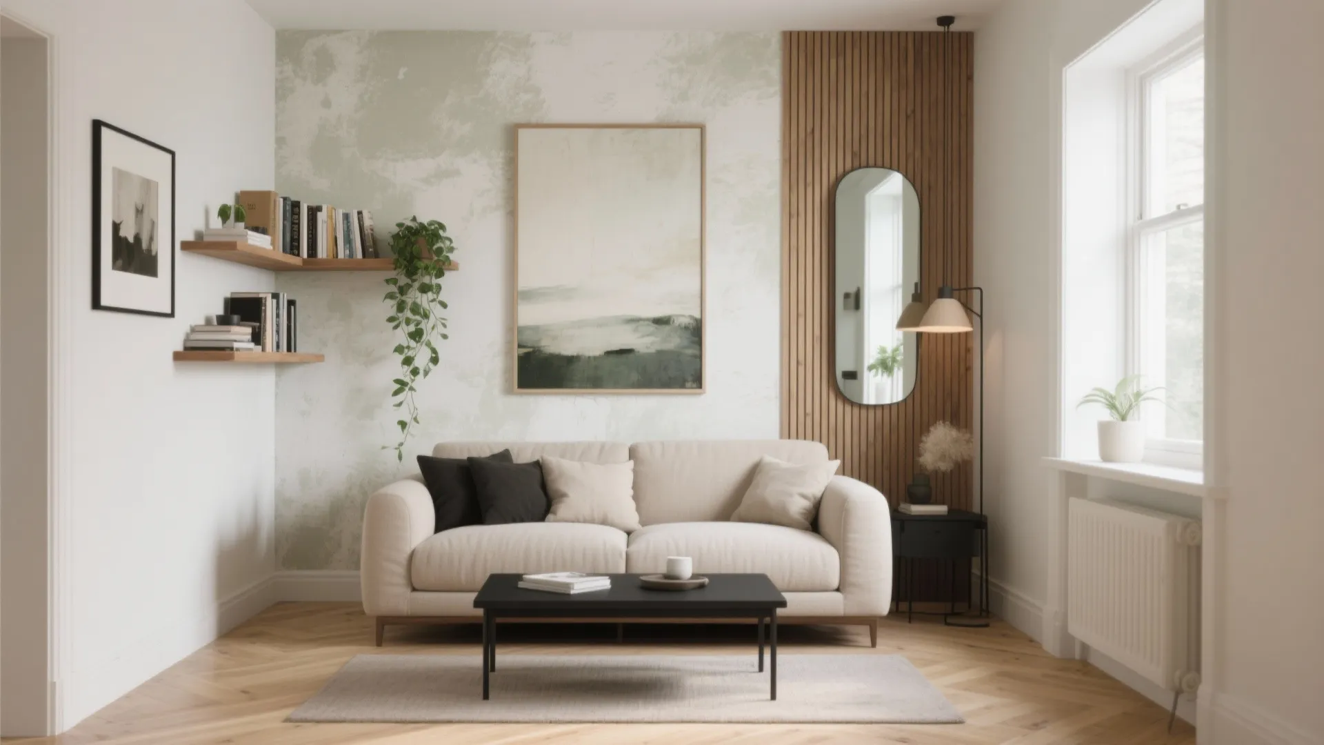 Modern living room with beige sofa black coffee table wooden wall panel and large framed art