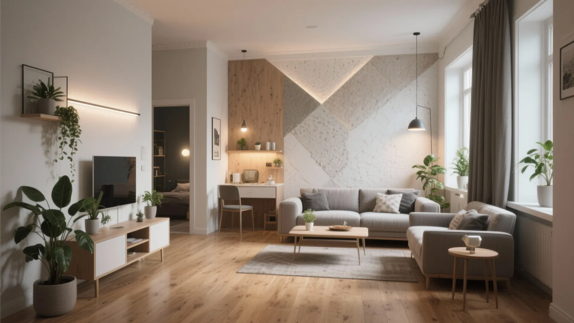 Modern living room with geometric wall panel grey sofa wooden floor and indoor green plants