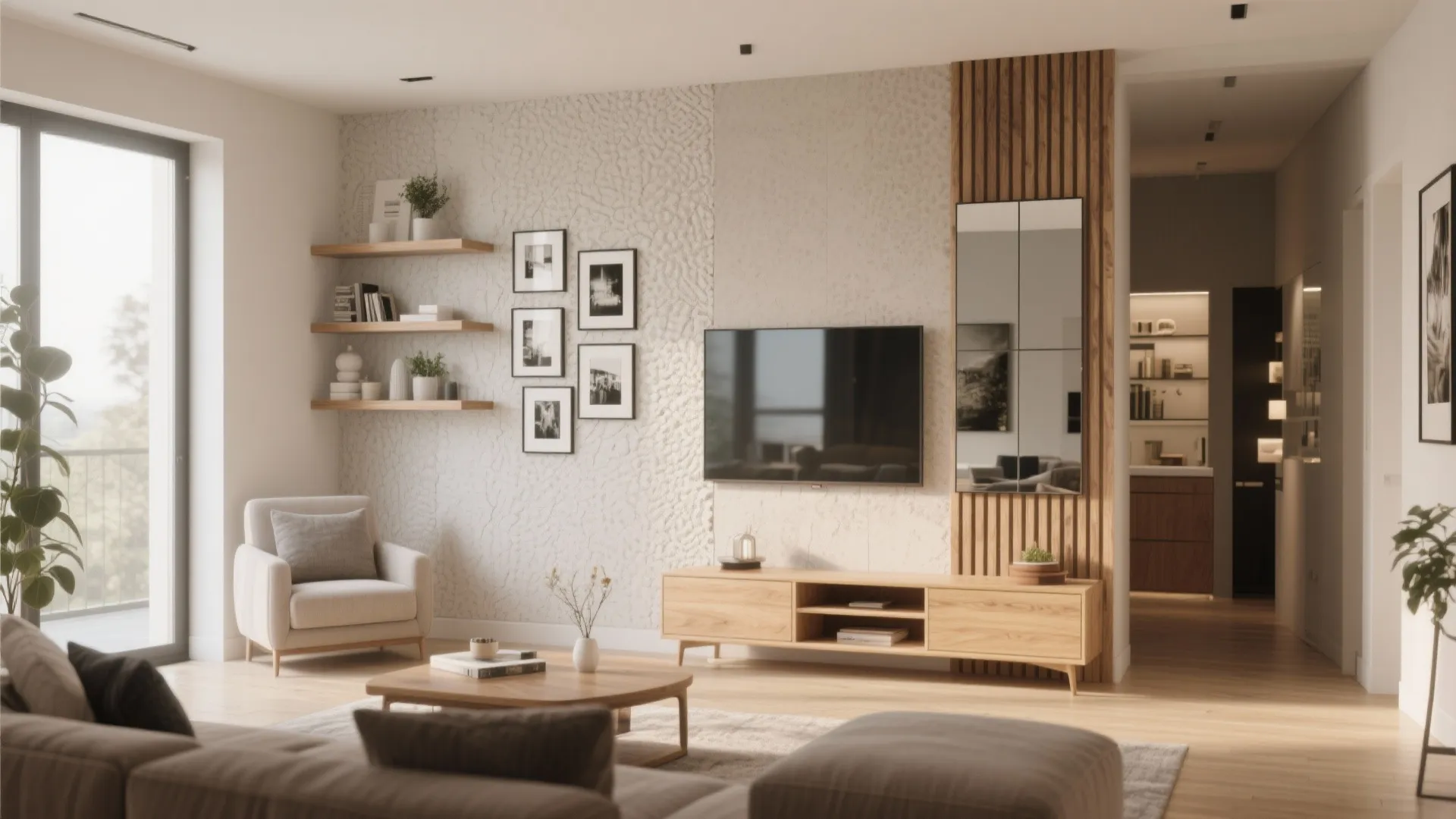 Modern living room with wooden television cabinet grey armchair wall shelves and white textured wall panels