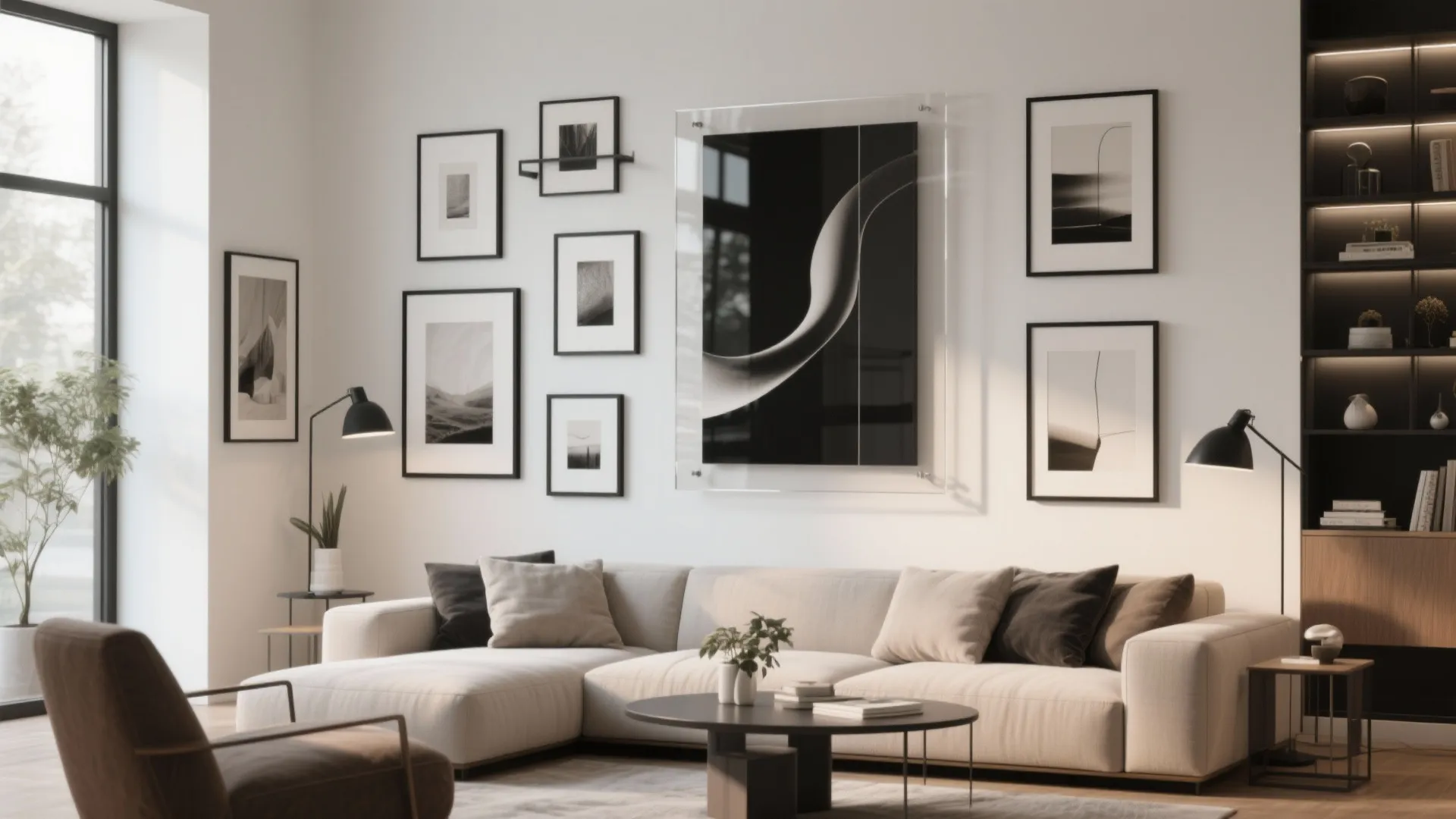 Modern living room wall decorated with many black frames, white sofa, and black floor lamps