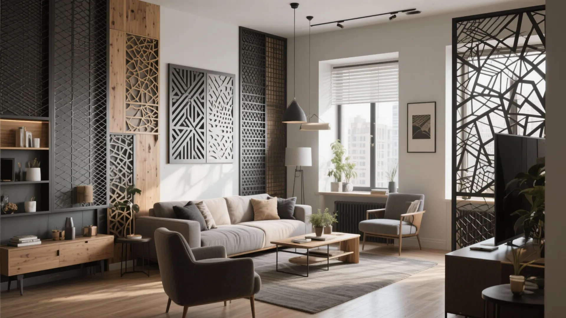 Modern living room with grey sofa wooden coffee table black wall panels and natural window light