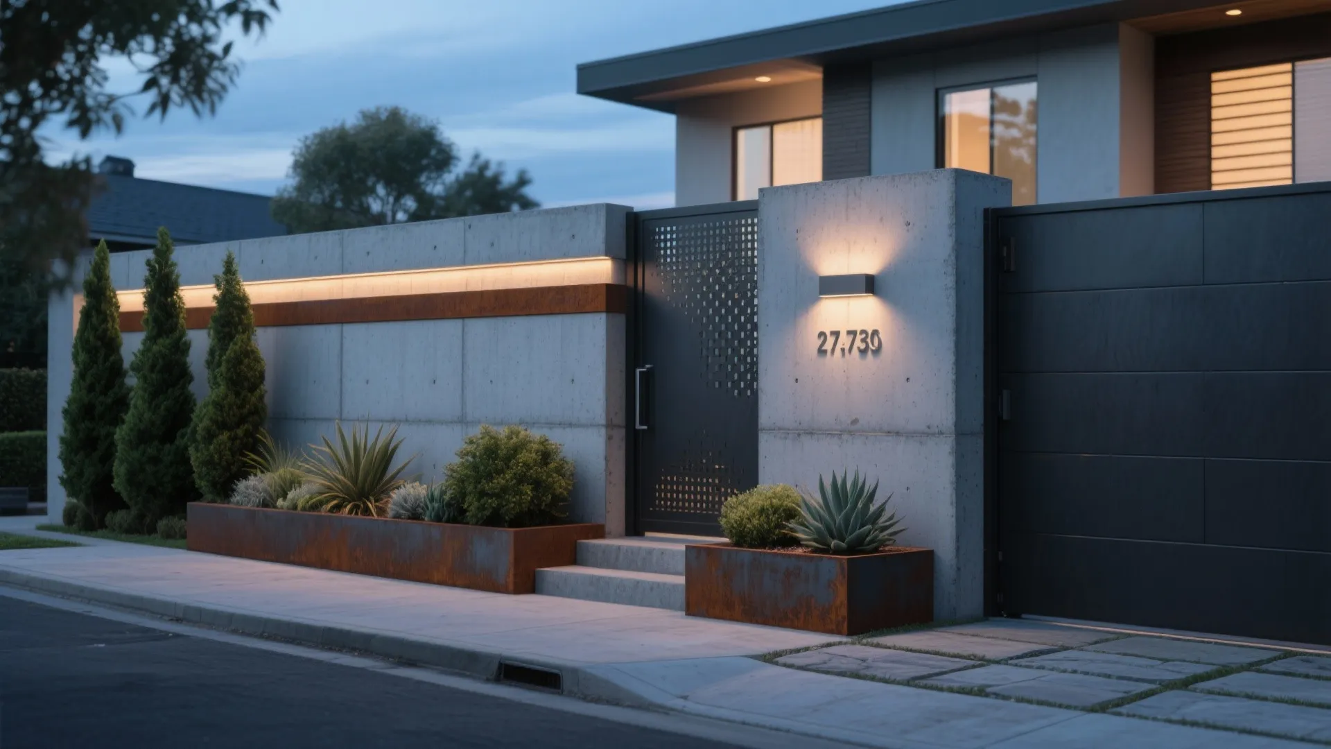 Modern concrete wall with light strip black gate and rusty metal plant boxes at night