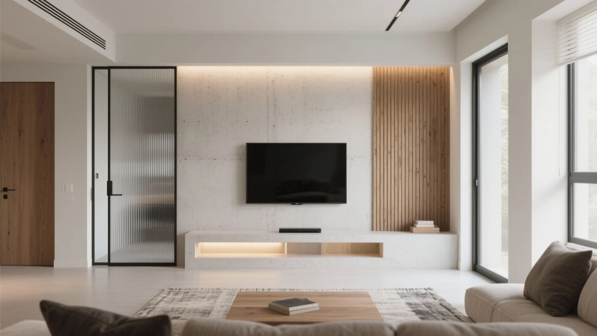 Minimalist living room with concrete wall television stand wood paneling and large glass balcony windows