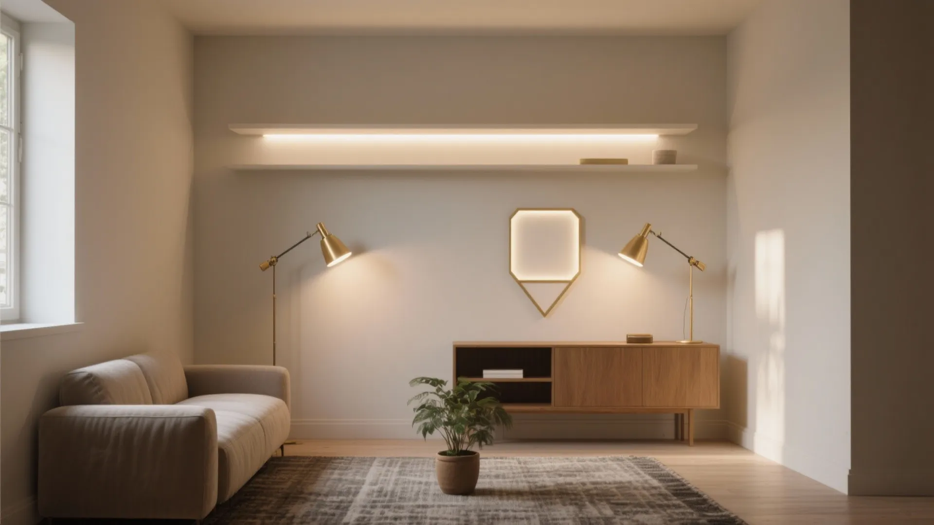 Minimalist living room with beige sofa wooden cabinet floor lamps and hidden ceiling light strips