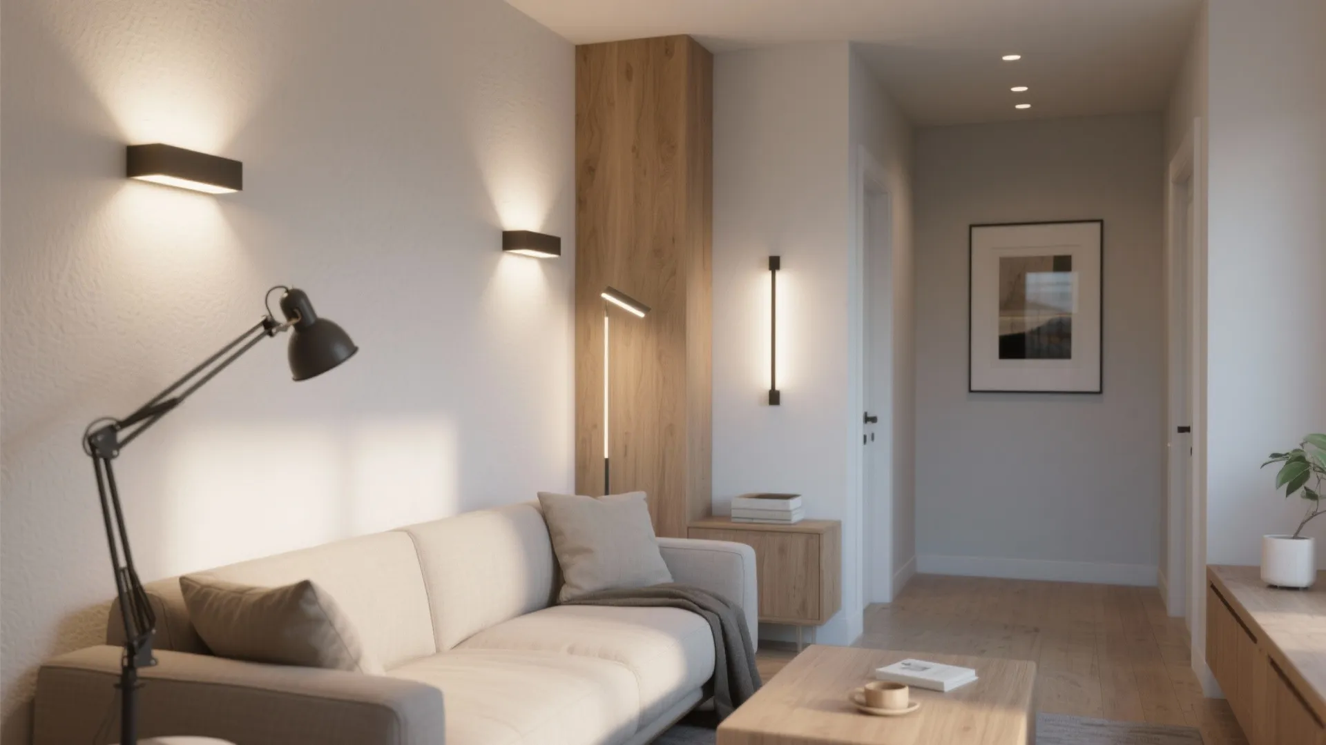 Modern living room with beige sofa wood furniture black desk lamp and warm wall lights