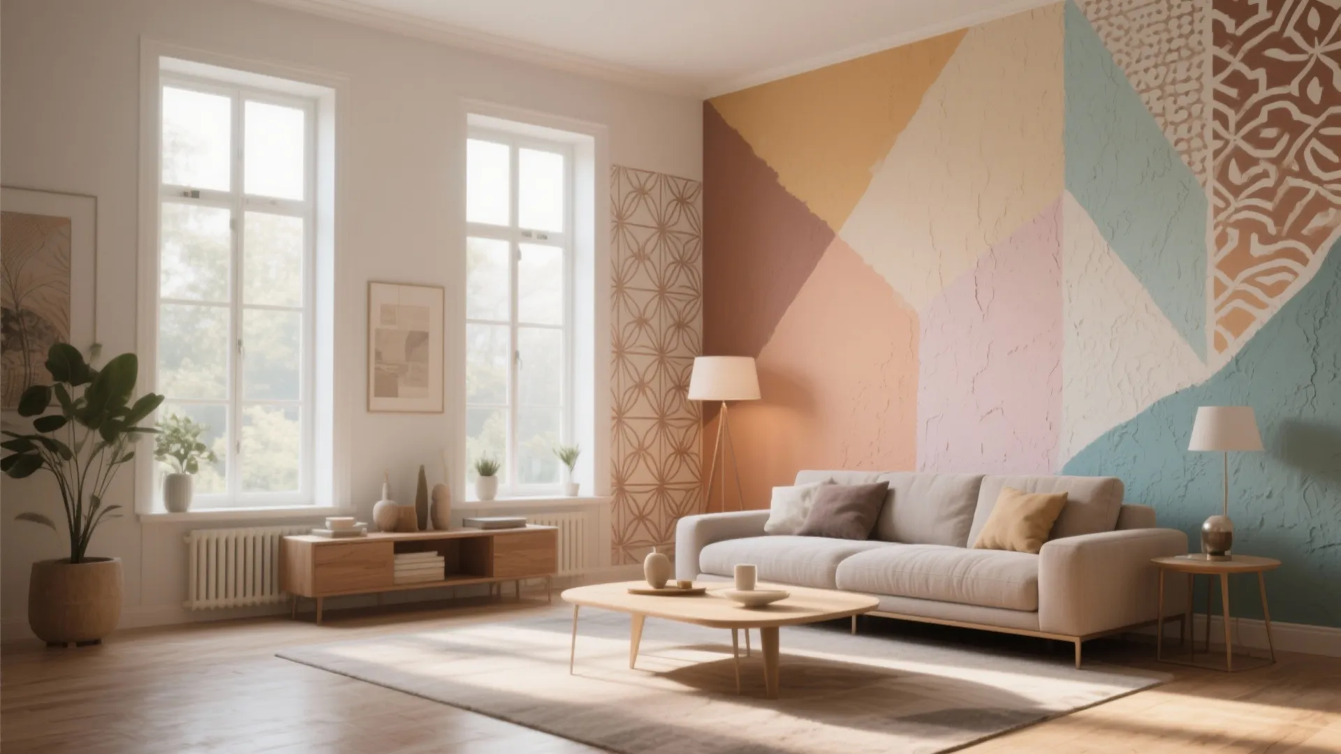 Living room featuring colorful geometric wall paint grey sofa wooden coffee table and large bright windows
