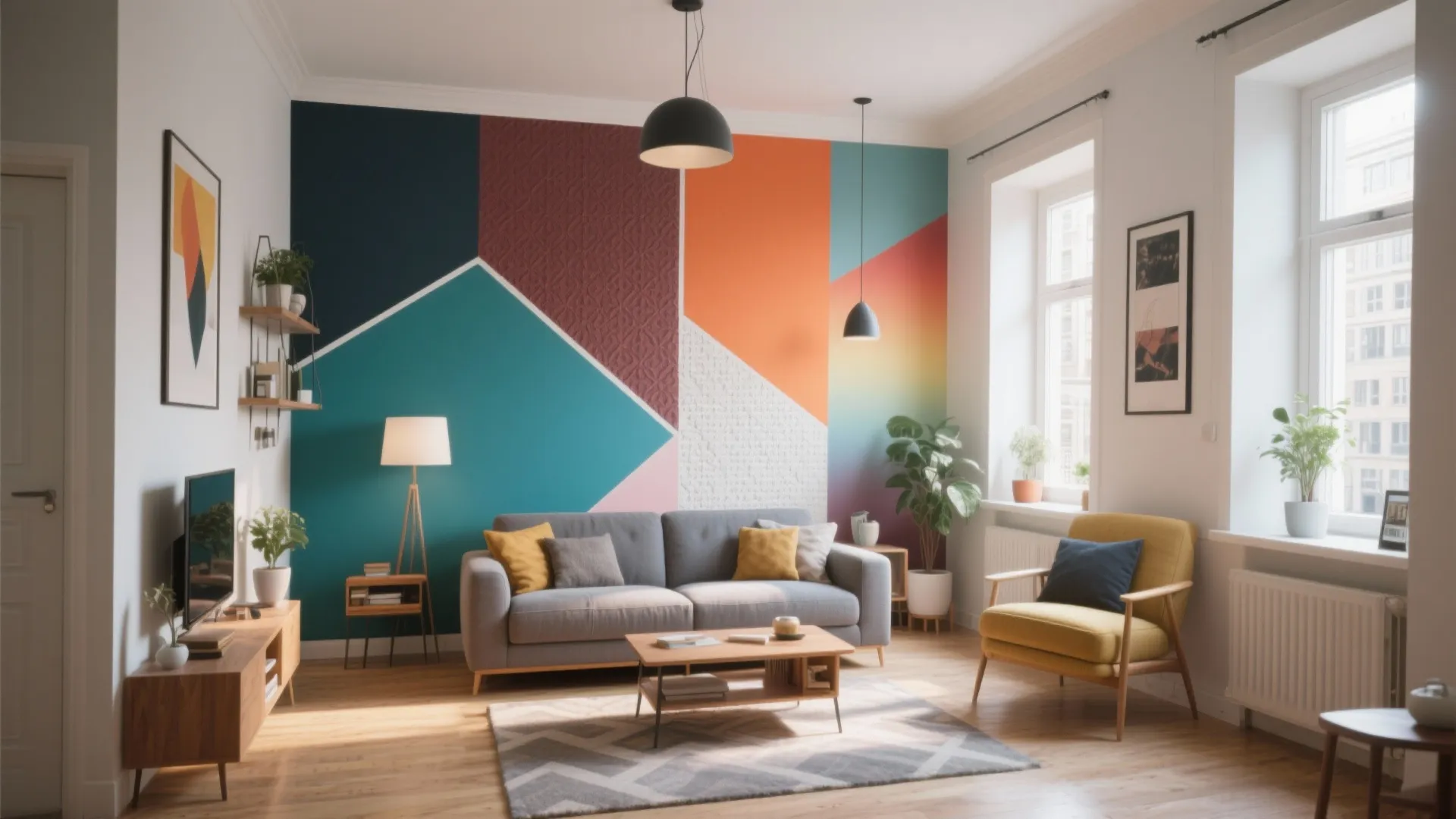 Living room with colorful geometric wall design grey sofa yellow chair and black ceiling light