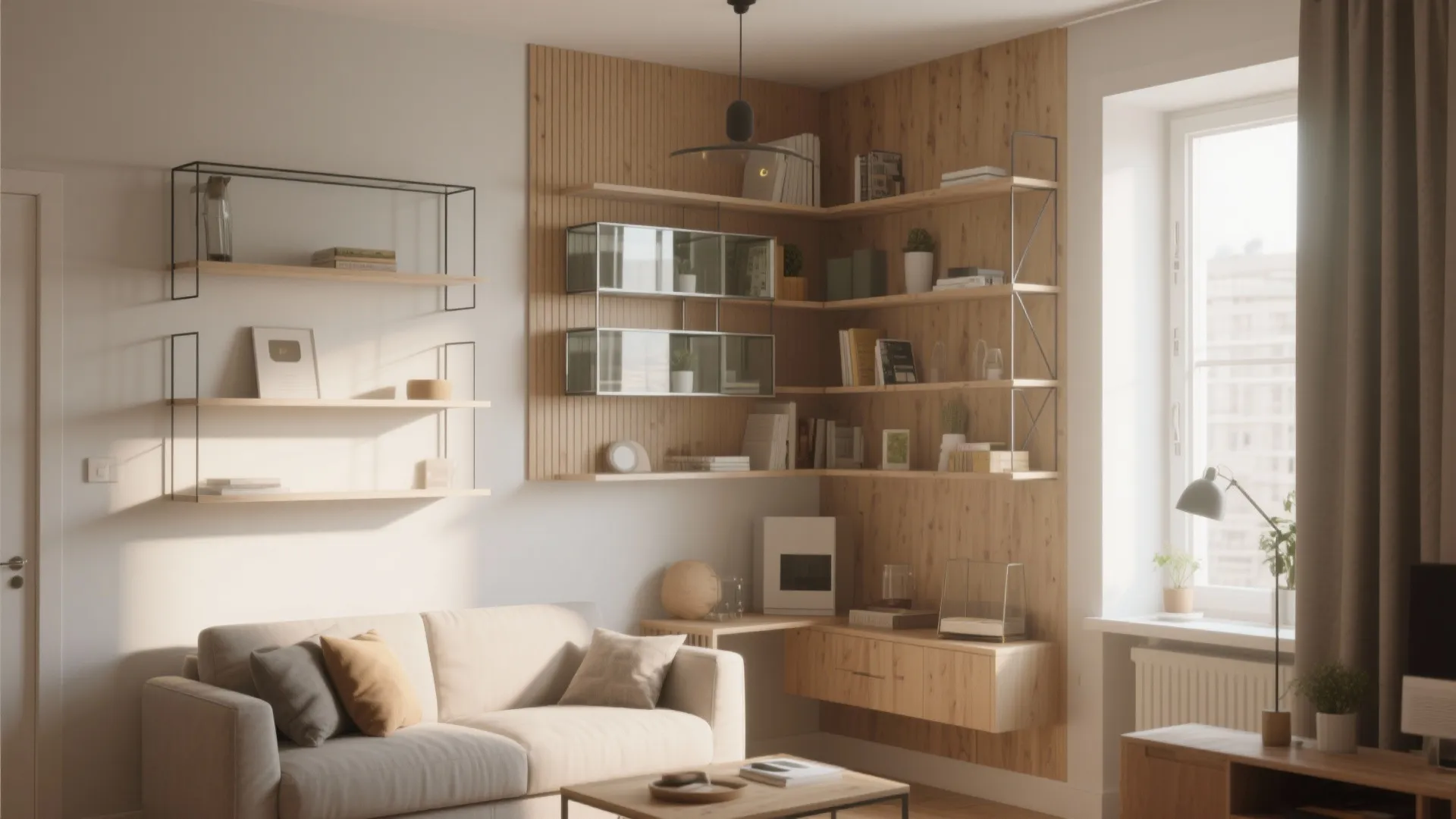 Modern living room with beige sofa wooden wall panels open shelves ceiling light and green plants