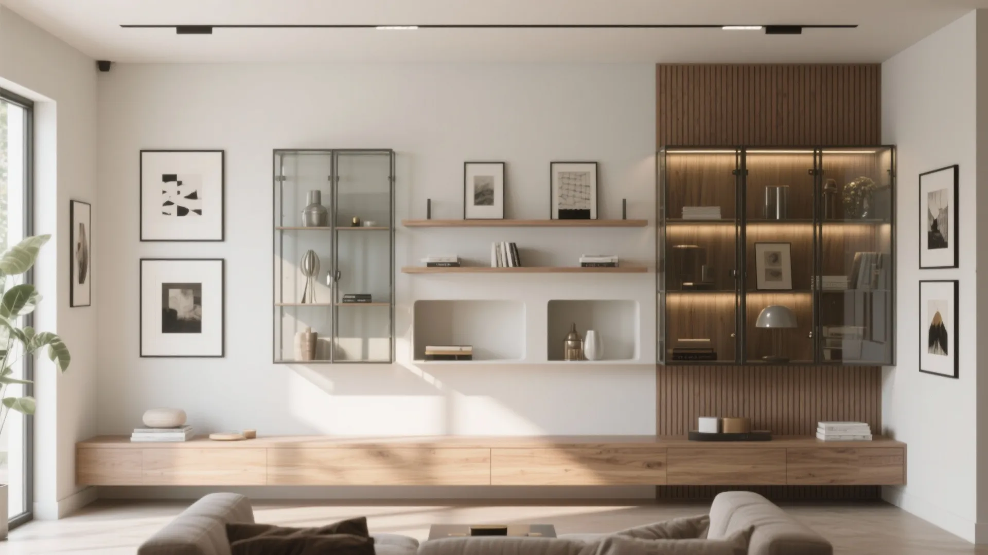 Modern living room wall featuring wooden cabinets glass display cases framed art and a long bench