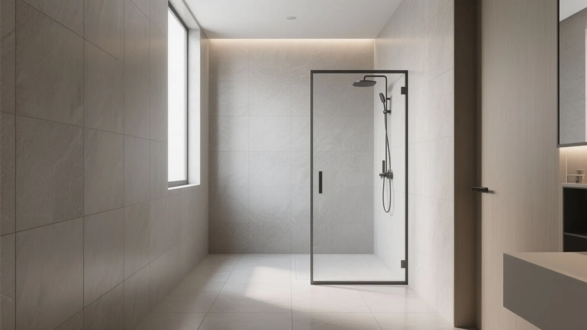 Minimalist shower area with glass door black shower head large grey wall tiles and window