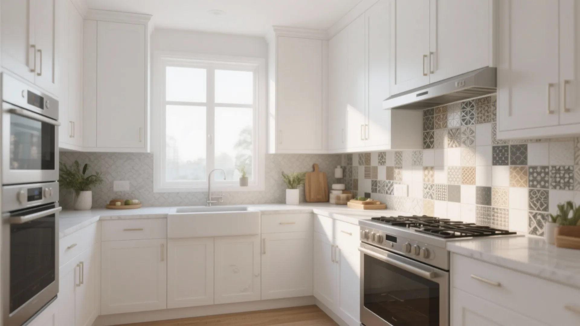 Bright white kitchen with pattern wall tiles and marble countertop near a large square window