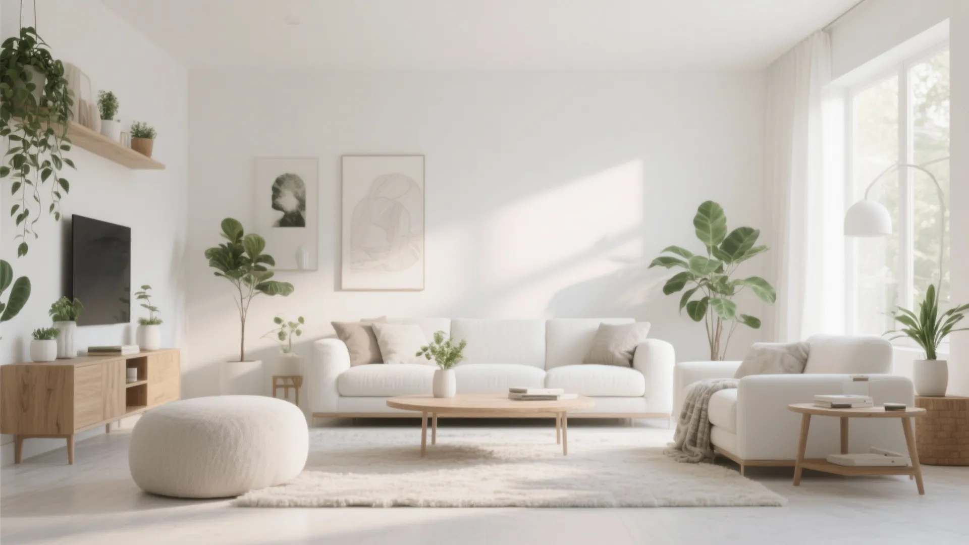 Bright living room with white sofa, round coffee table, indoor plants, footrest, and wooden cabinet