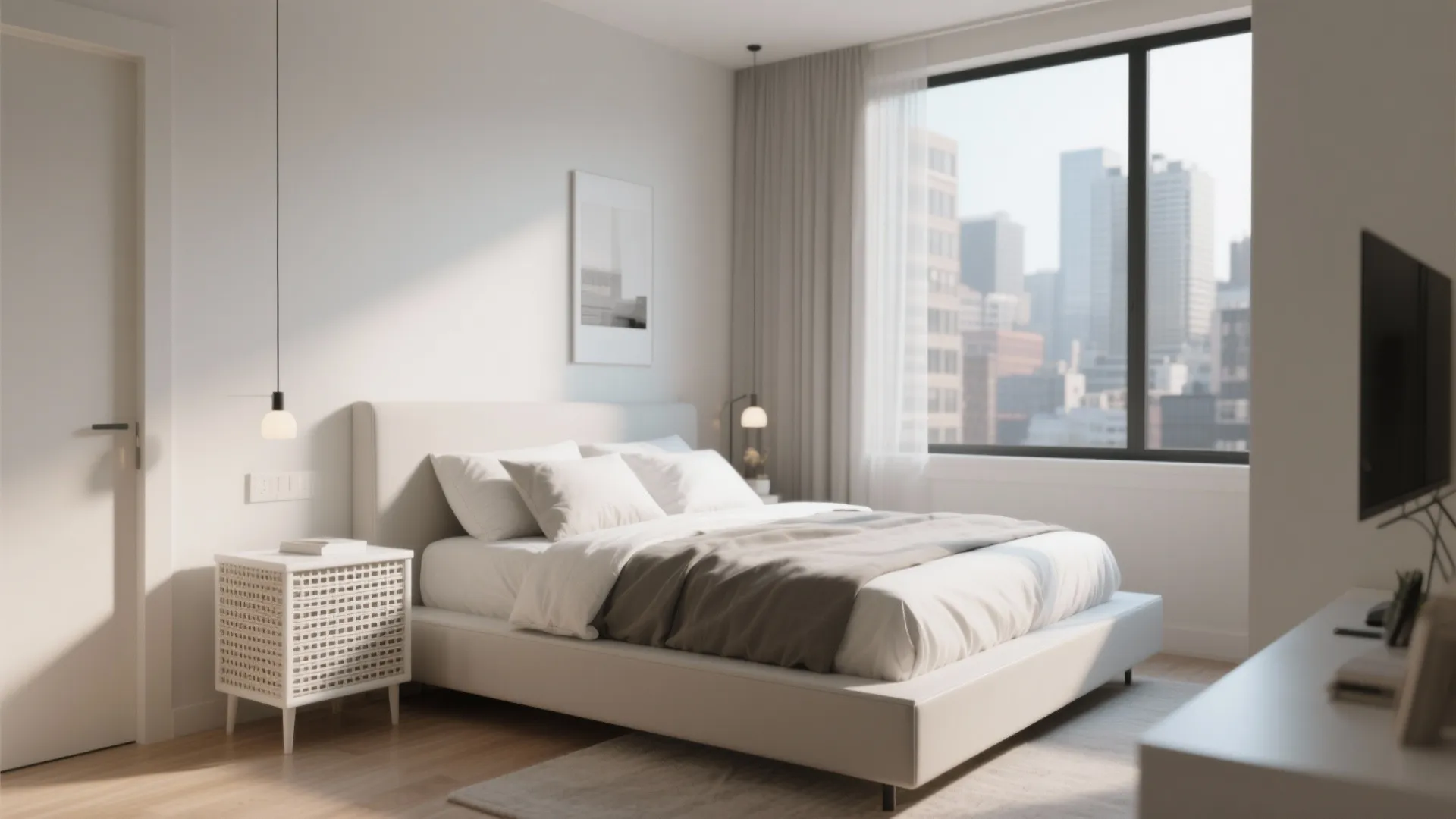 Modern platform bed paired with a white wicker nightstand in a compact urban bedroom