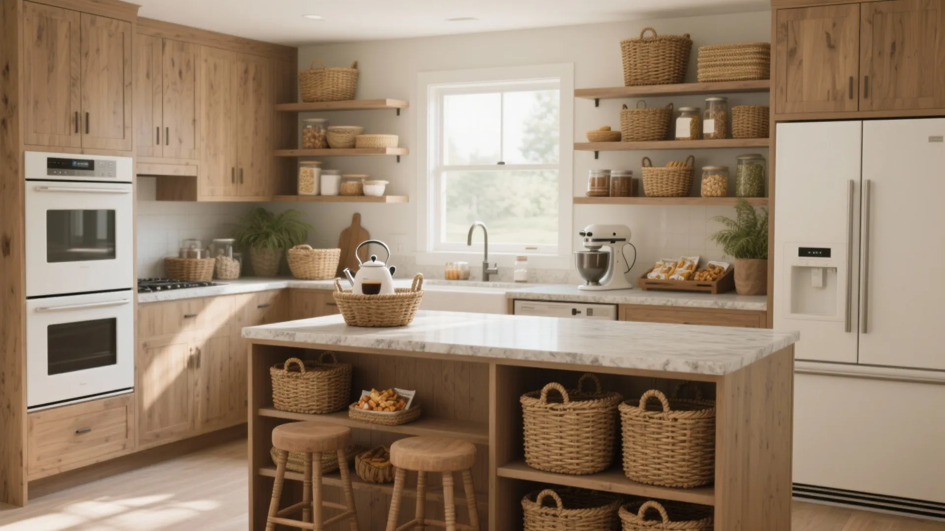 Modern rustic kitchen with wood cabinets, marble island, wicker baskets, white appliances, and open shelving